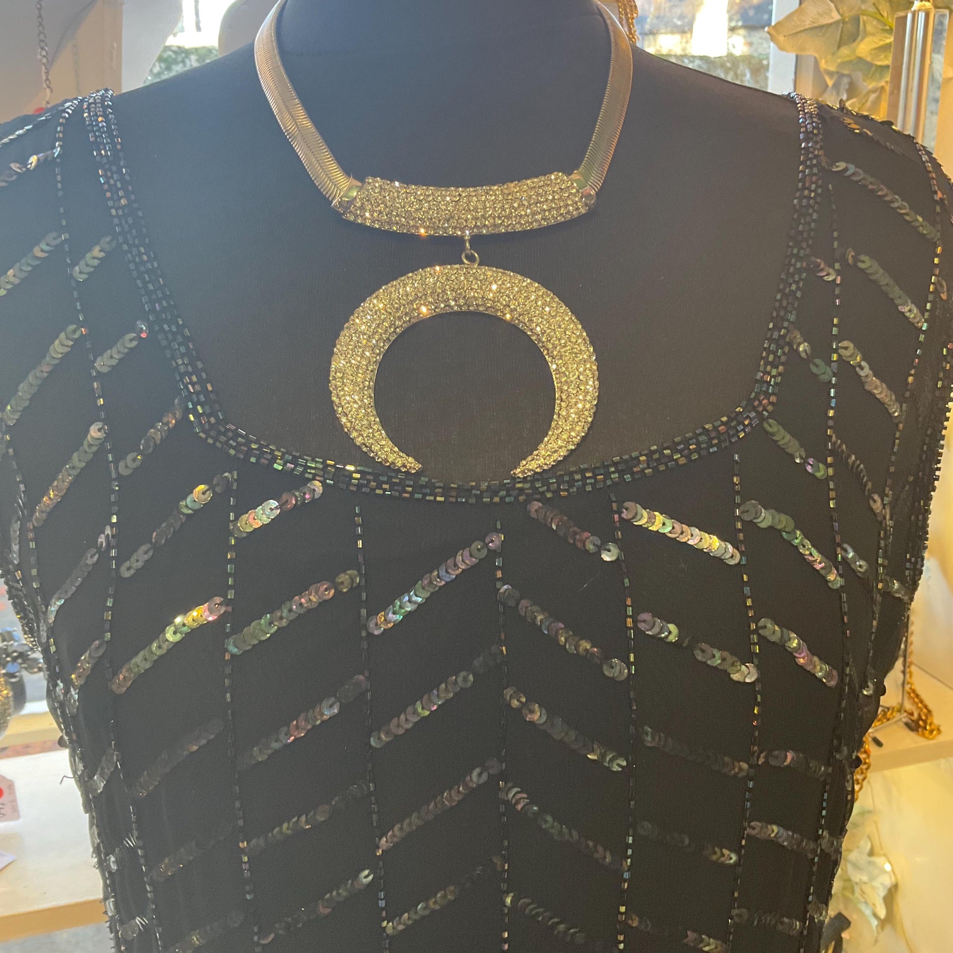 Vintage Butler and Wilson Statement Art Deco Style Crystal Crescent Moon Necklace, silver tone with rhinestones