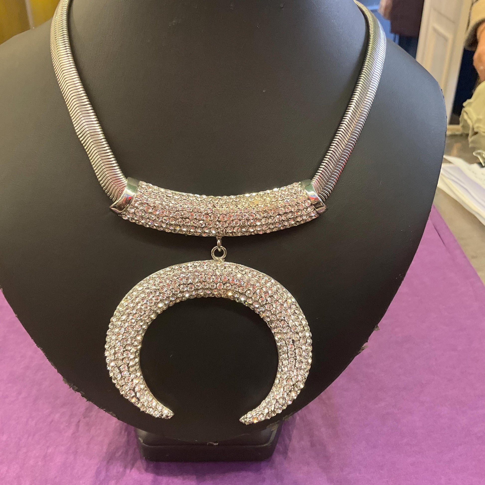 Vintage Butler and Wilson Statement Art Deco Style Crystal Crescent Moon Necklace, silver tone with rhinestones