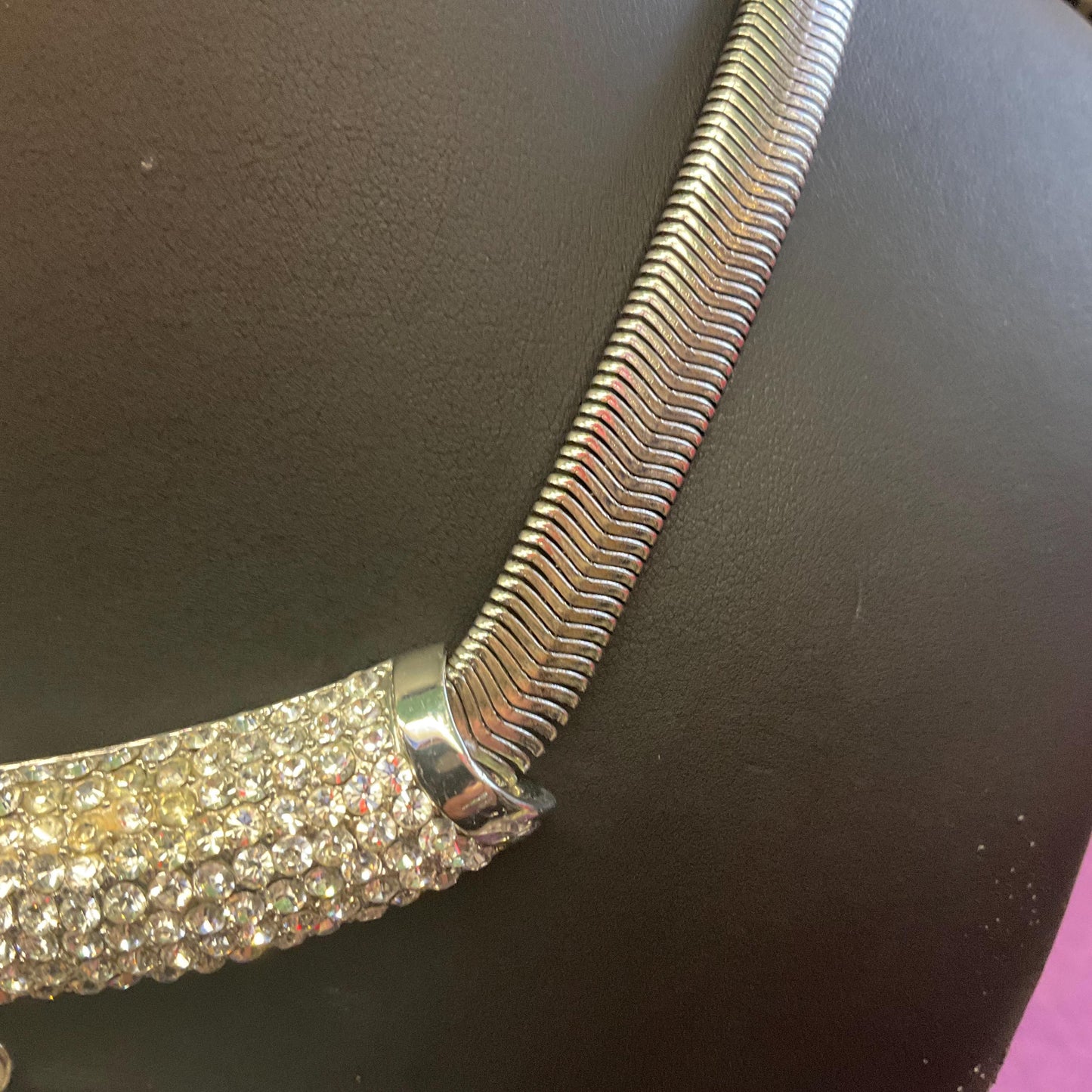 Vintage Butler and Wilson Statement Art Deco Style Crystal Crescent Moon Necklace, silver tone with rhinestones