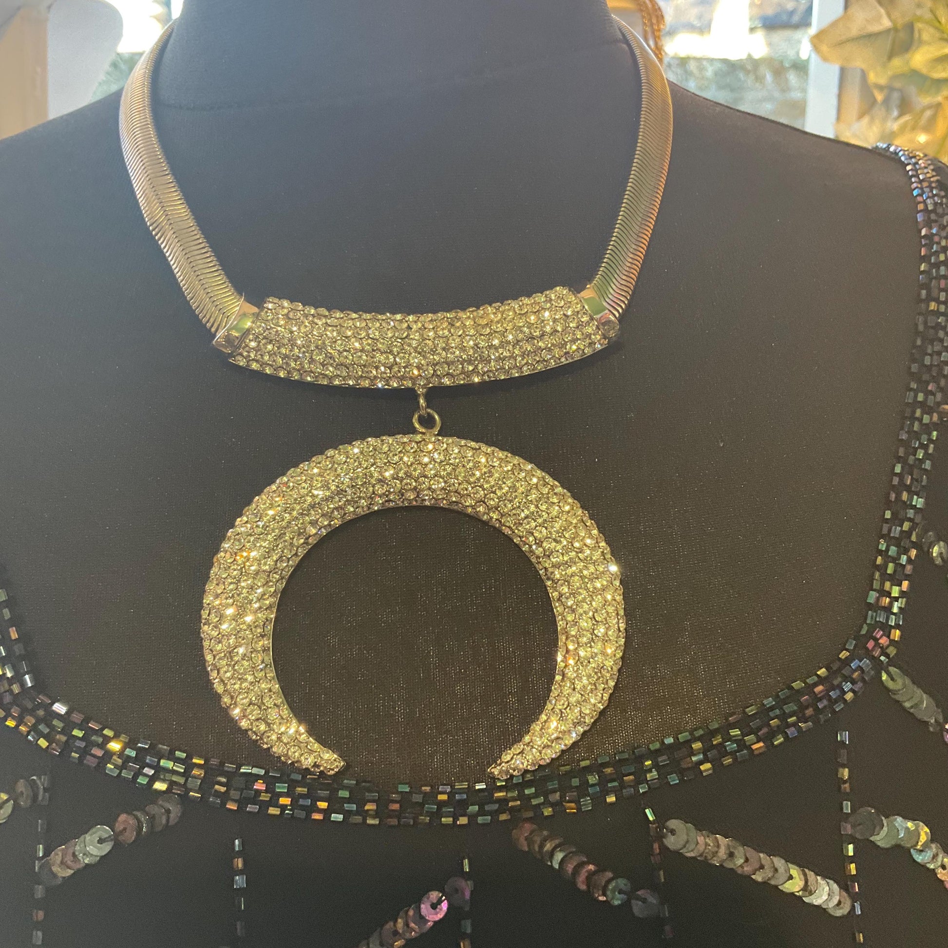 Vintage Butler and Wilson Statement Art Deco Style Crystal Crescent Moon Necklace, silver tone with rhinestones