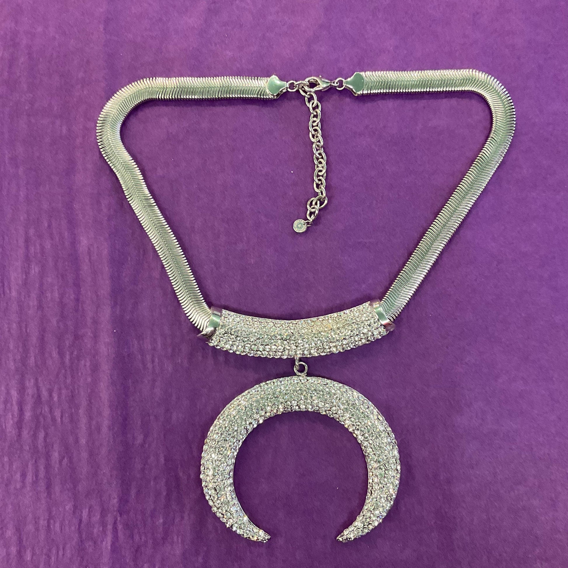 Vintage Butler and Wilson Statement Art Deco Style Crystal Crescent Moon Necklace, silver tone with rhinestones