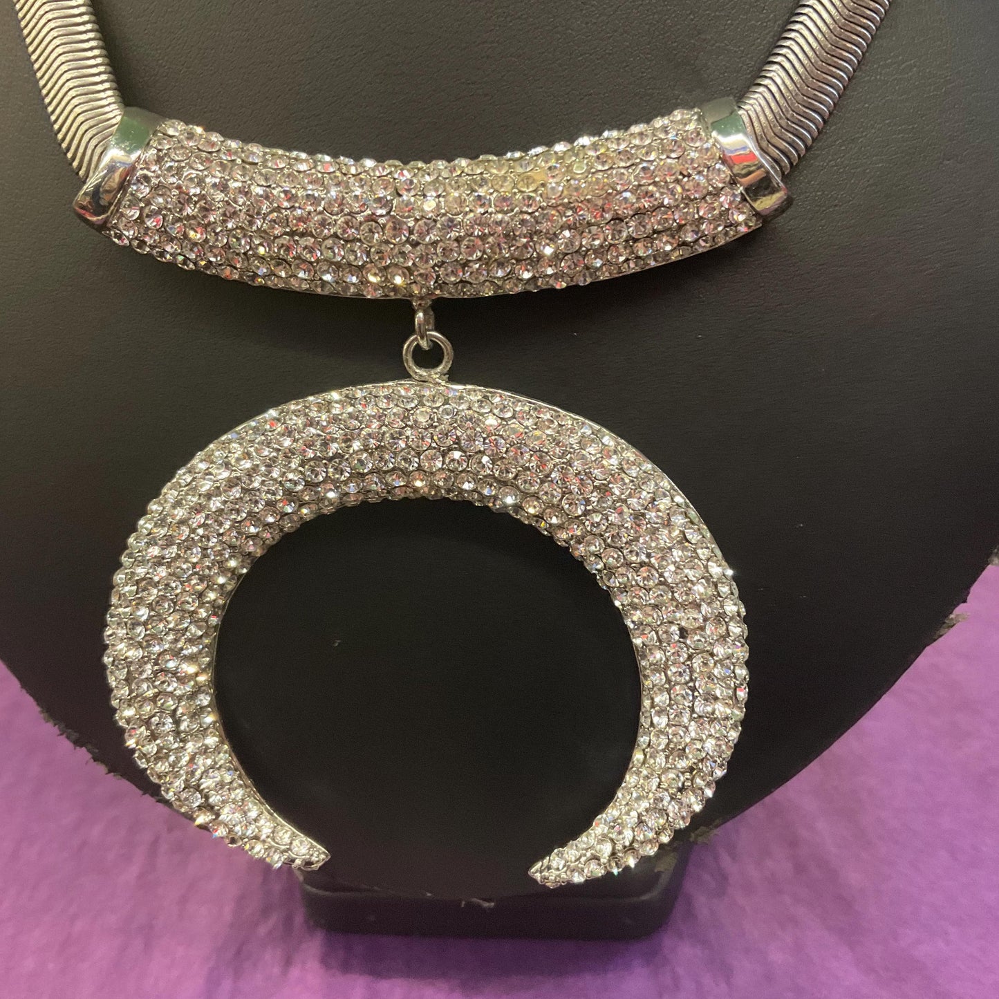 Vintage Butler and Wilson Statement Art Deco Style Crystal Crescent Moon Necklace, silver tone with rhinestones