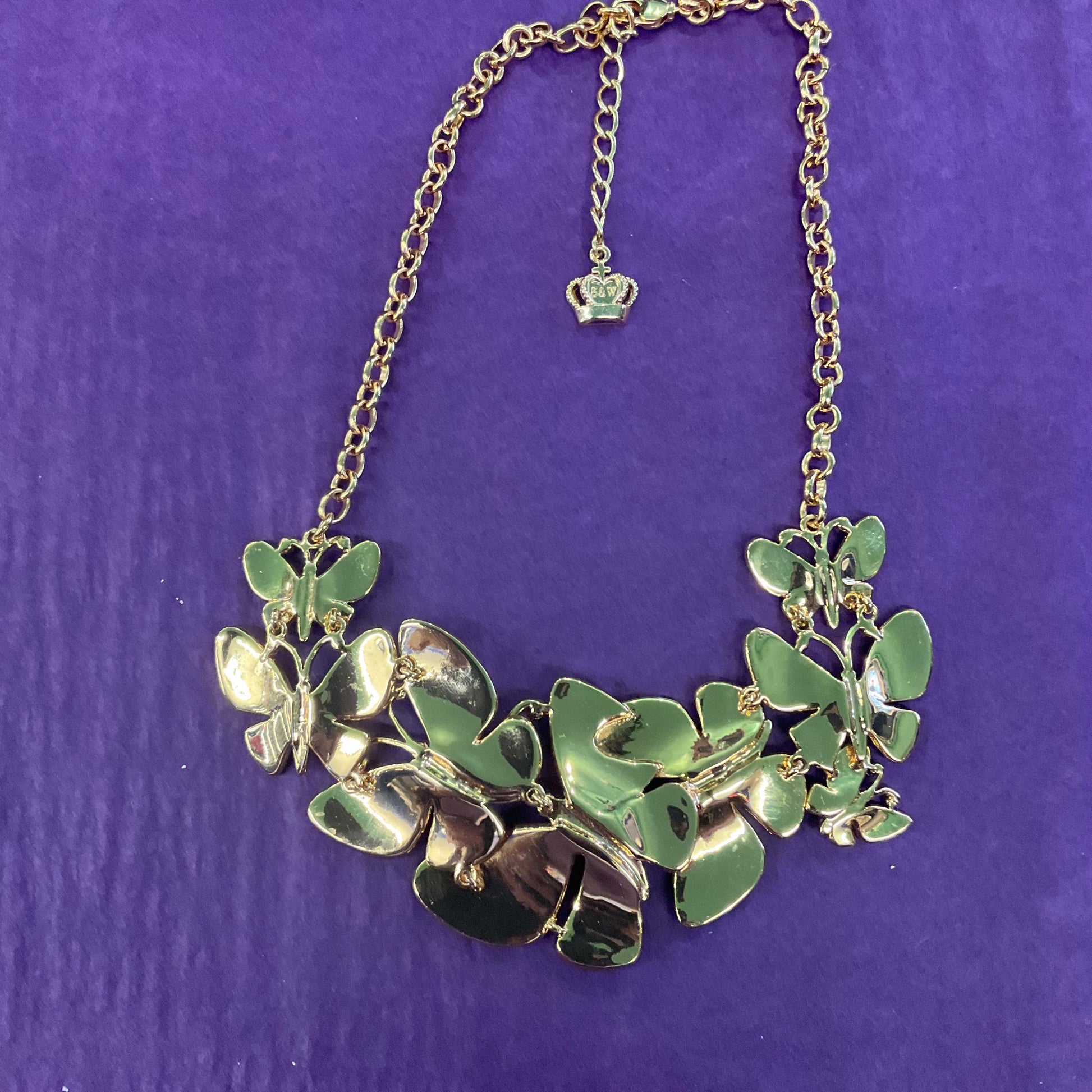 Vintage Butler and Wilson Statement Enamel and Crystal Butterfly Necklace, gold tone with lustre enamel and rainbow rhinestones