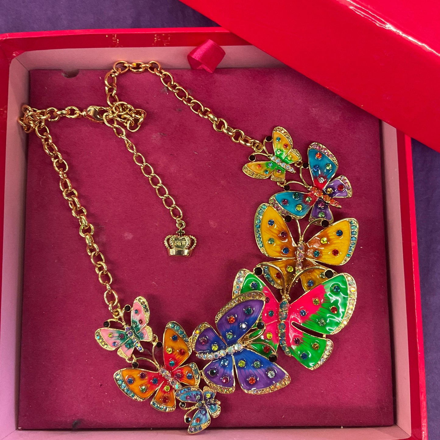 Vintage Butler and Wilson Statement Enamel and Crystal Butterfly Necklace, gold tone with lustre enamel and rainbow rhinestones