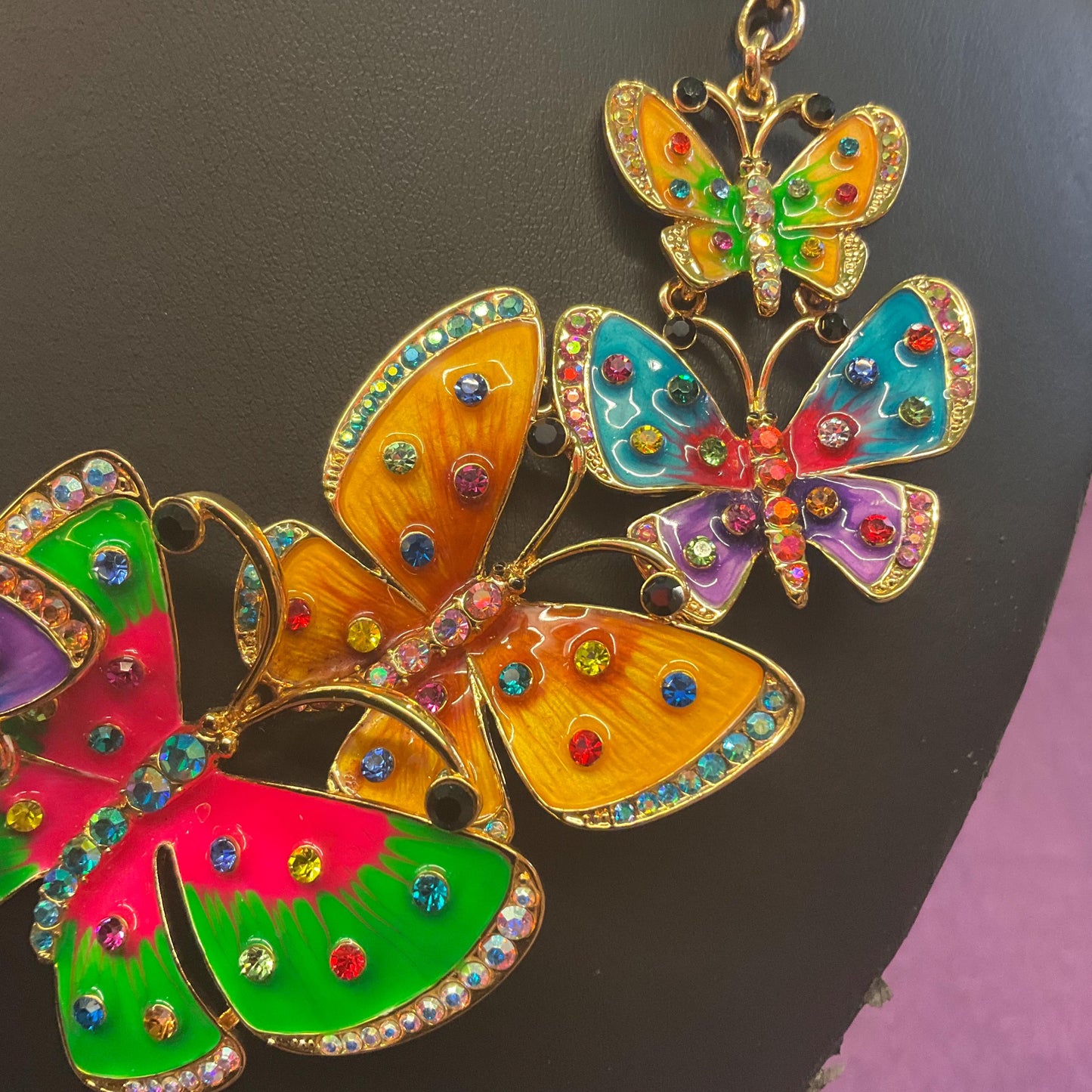 Vintage Butler and Wilson Statement Enamel and Crystal Butterfly Necklace, gold tone with lustre enamel and rainbow rhinestones