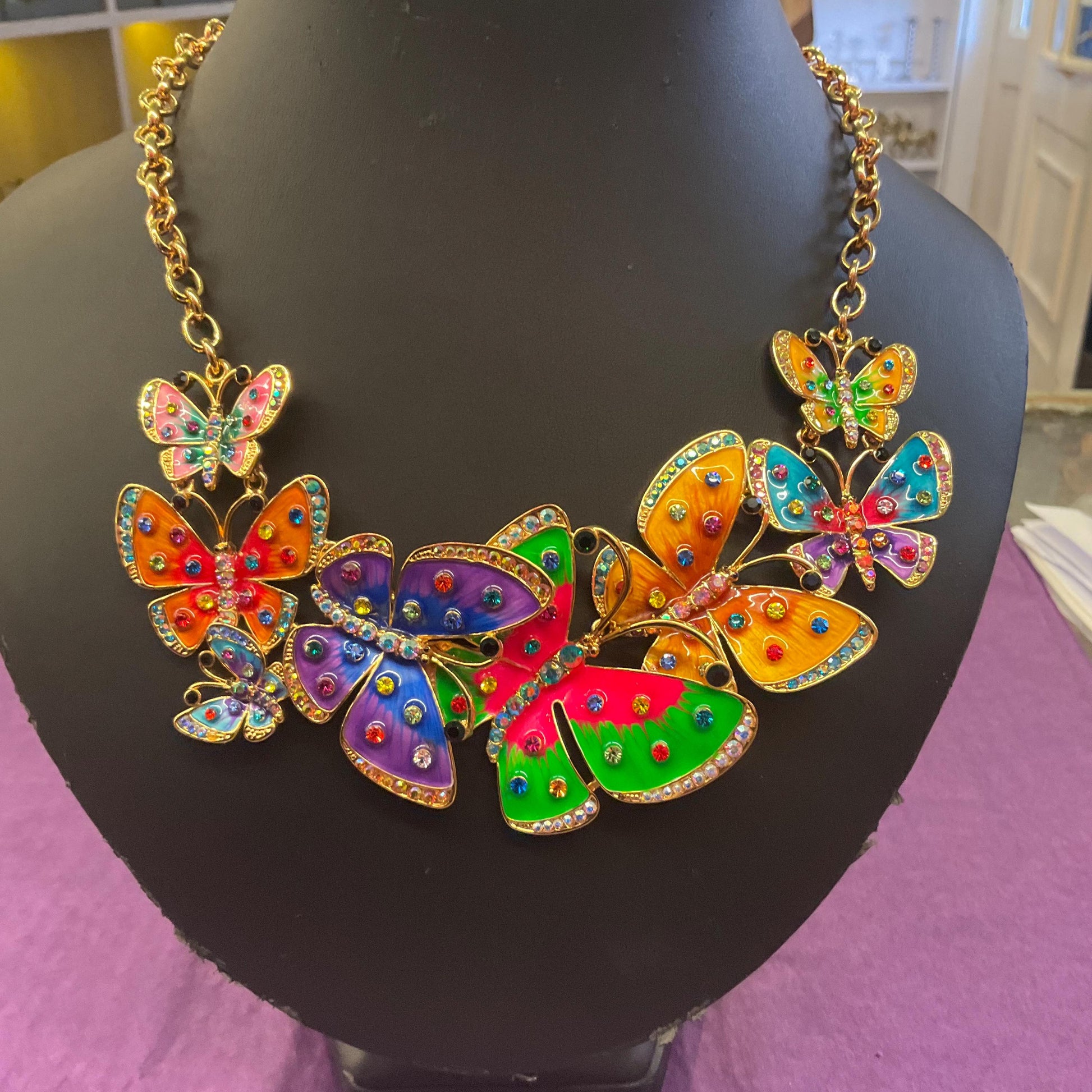 Vintage Butler and Wilson Statement Enamel and Crystal Butterfly Necklace, gold tone with lustre enamel and rainbow rhinestones