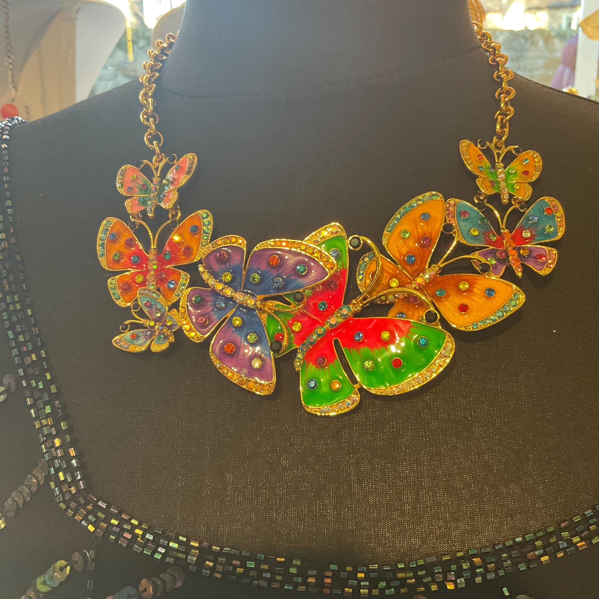 Vintage Butler and Wilson Statement Enamel and Crystal Butterfly Necklace, gold tone with lustre enamel and rainbow rhinestones