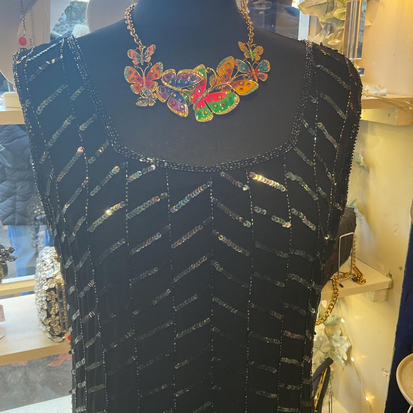 Vintage Butler and Wilson Statement Enamel and Crystal Butterfly Necklace, gold tone with lustre enamel and rainbow rhinestones