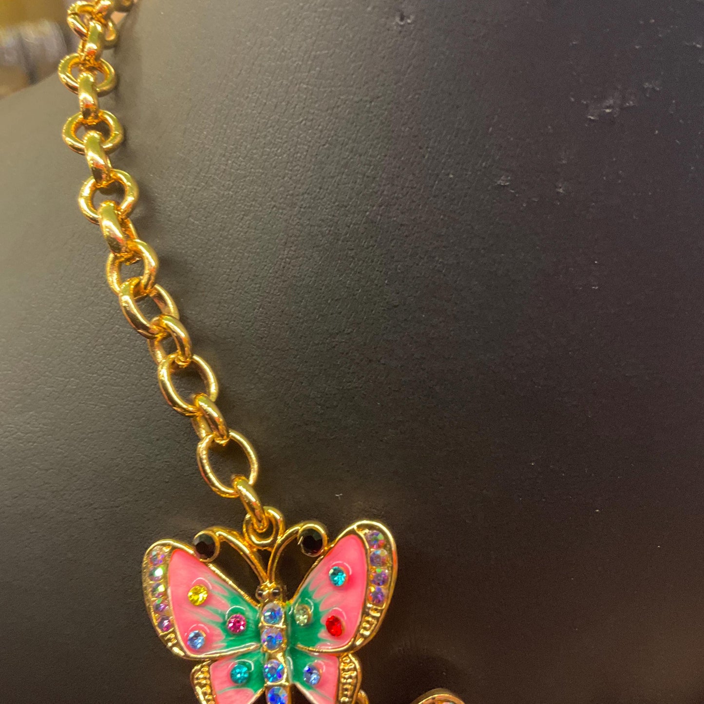 Vintage Butler and Wilson Statement Enamel and Crystal Butterfly Necklace, gold tone with lustre enamel and rainbow rhinestones