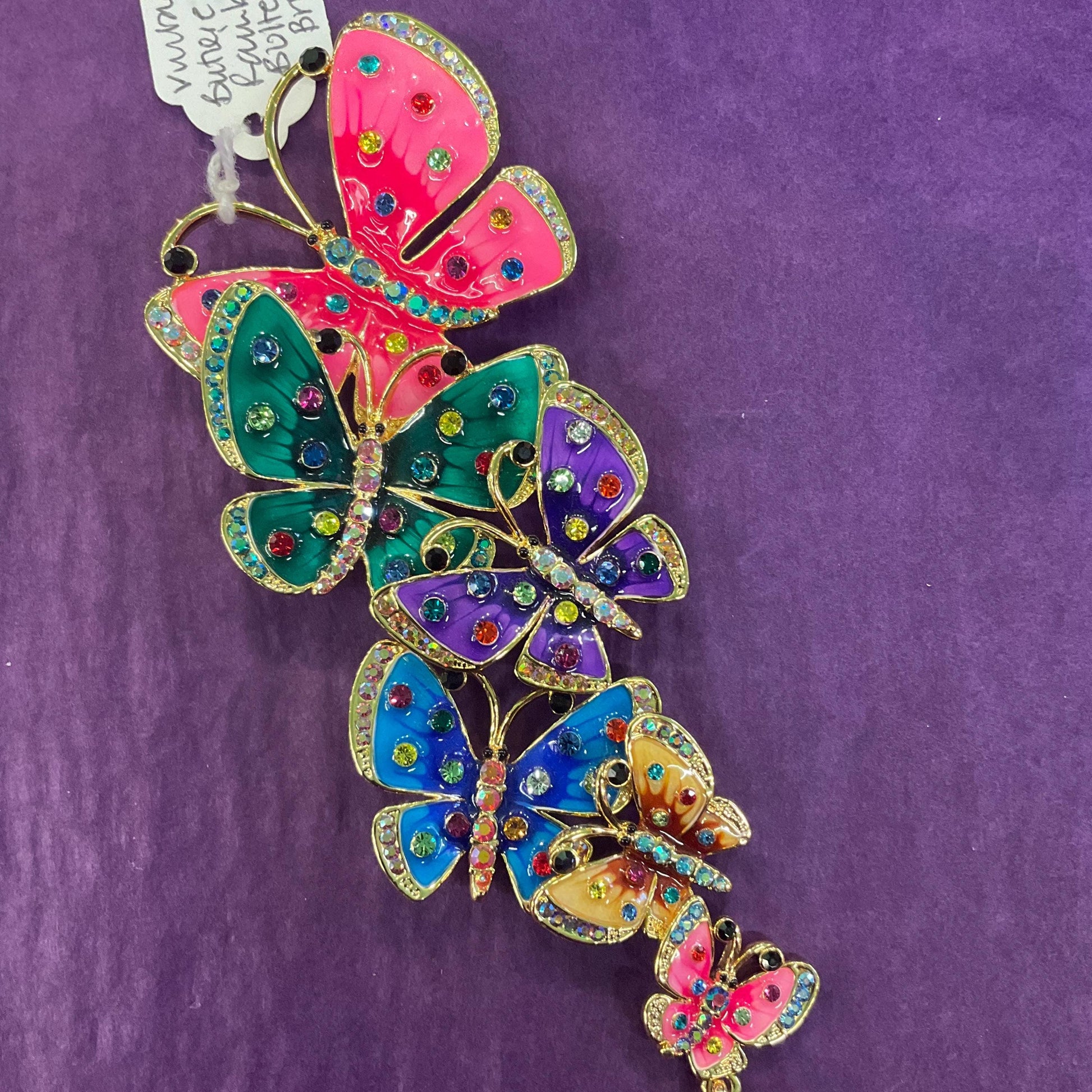 Vintage Butler and Wilson Statement Enamel and Crystal Butterfly Necklace, gold tone with lustre enamel and rainbow rhinestones