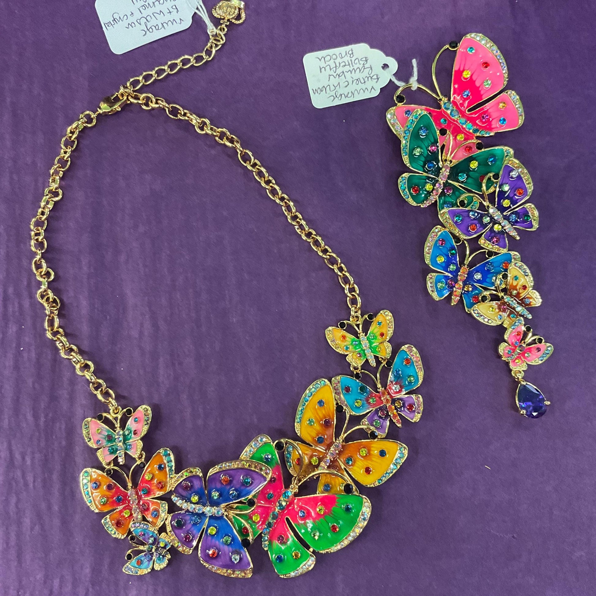 Vintage Butler and Wilson Statement Enamel and Crystal Butterfly Necklace, gold tone with lustre enamel and rainbow rhinestones