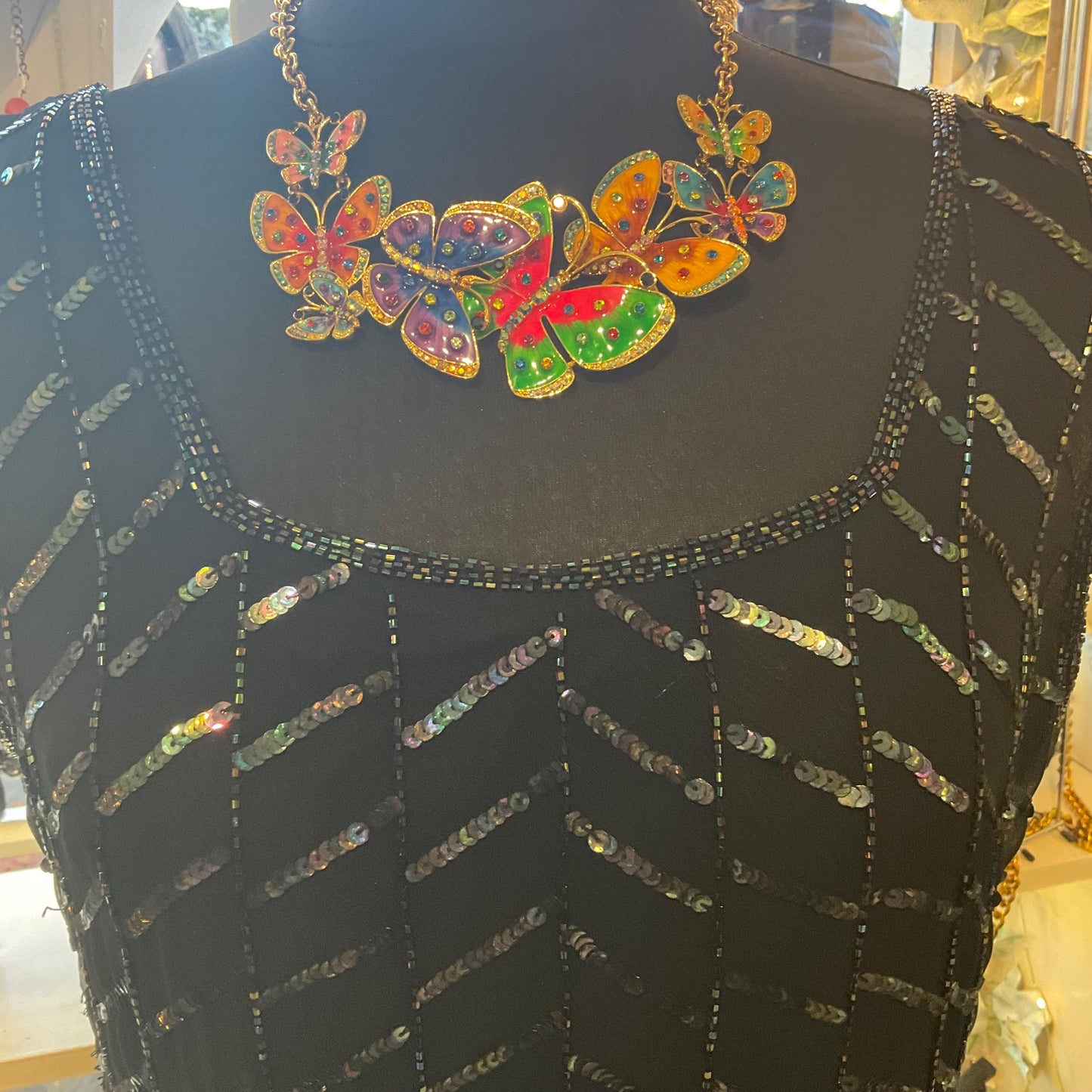 Vintage Butler and Wilson Statement Enamel and Crystal Butterfly Necklace, gold tone with lustre enamel and rainbow rhinestones