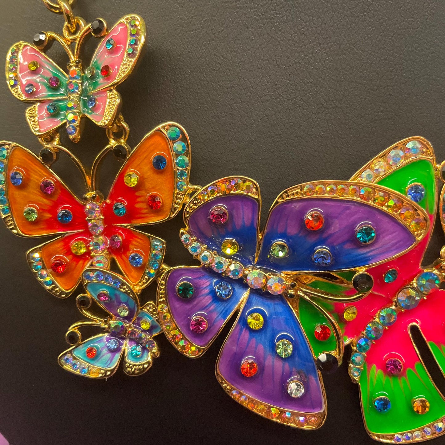 Vintage Butler and Wilson Statement Enamel and Crystal Butterfly Necklace, gold tone with lustre enamel and rainbow rhinestones