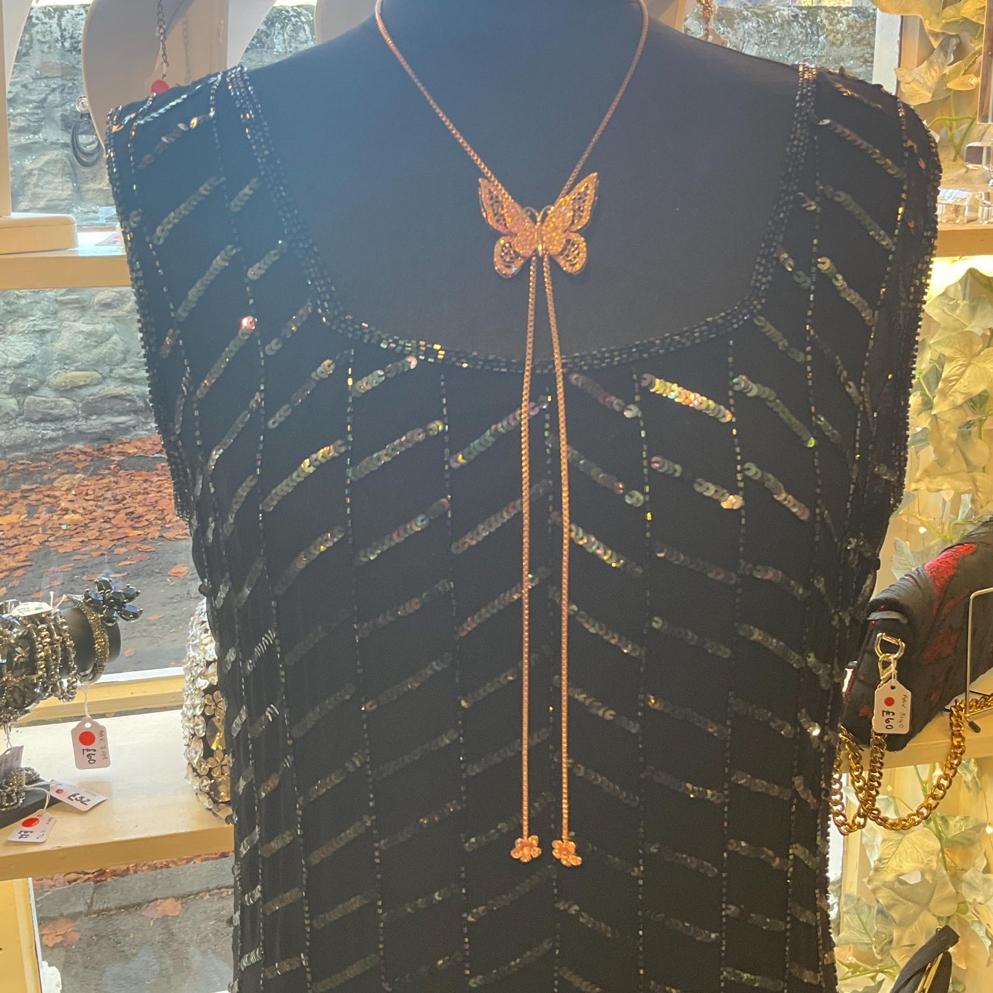 Vintage Butler and Wilson Crystal Butterfly Lariat Necklace, Rose Gold tone with Pink Borealis Rhinestones