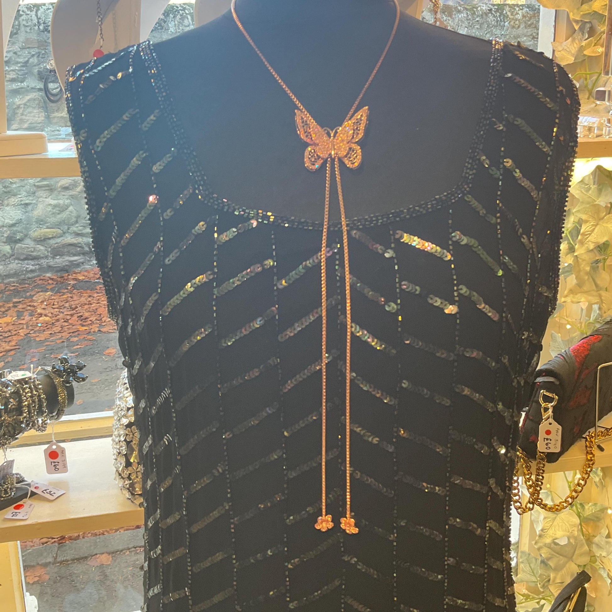 Vintage Butler and Wilson Crystal Butterfly Lariat Necklace, Rose Gold tone with Pink Borealis Rhinestones