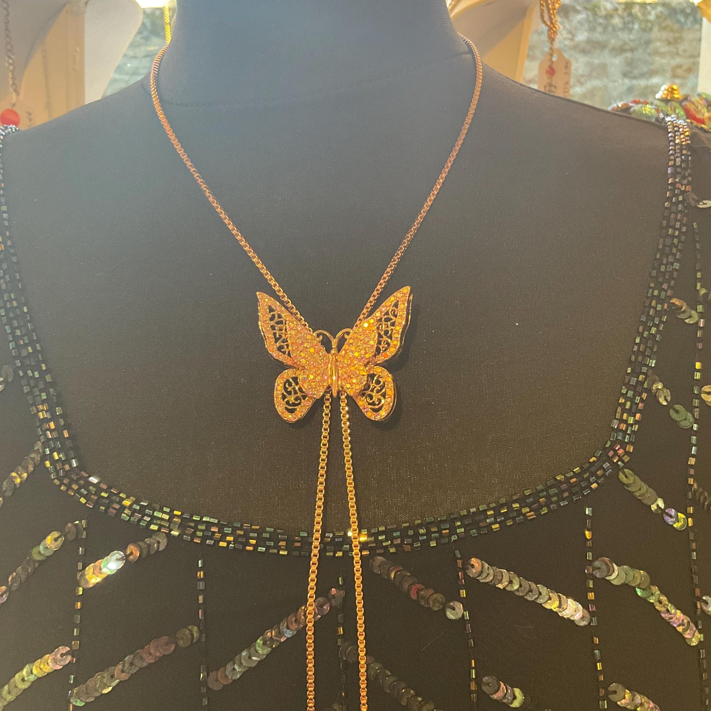 Vintage Butler and Wilson Crystal Butterfly Lariat Necklace, Rose Gold tone with Pink Borealis Rhinestones