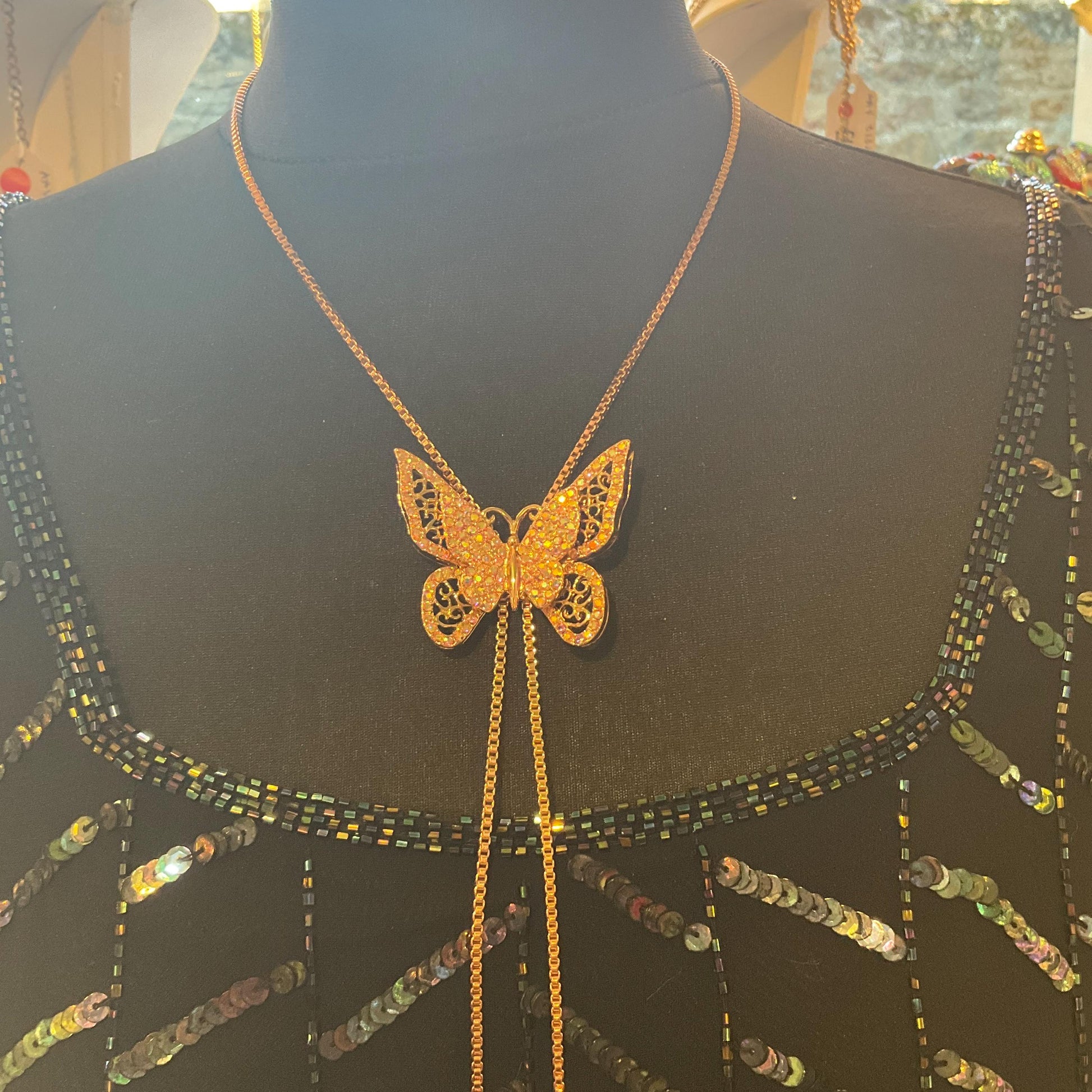 Vintage Butler and Wilson Crystal Butterfly Lariat Necklace, Rose Gold tone with Pink Borealis Rhinestones