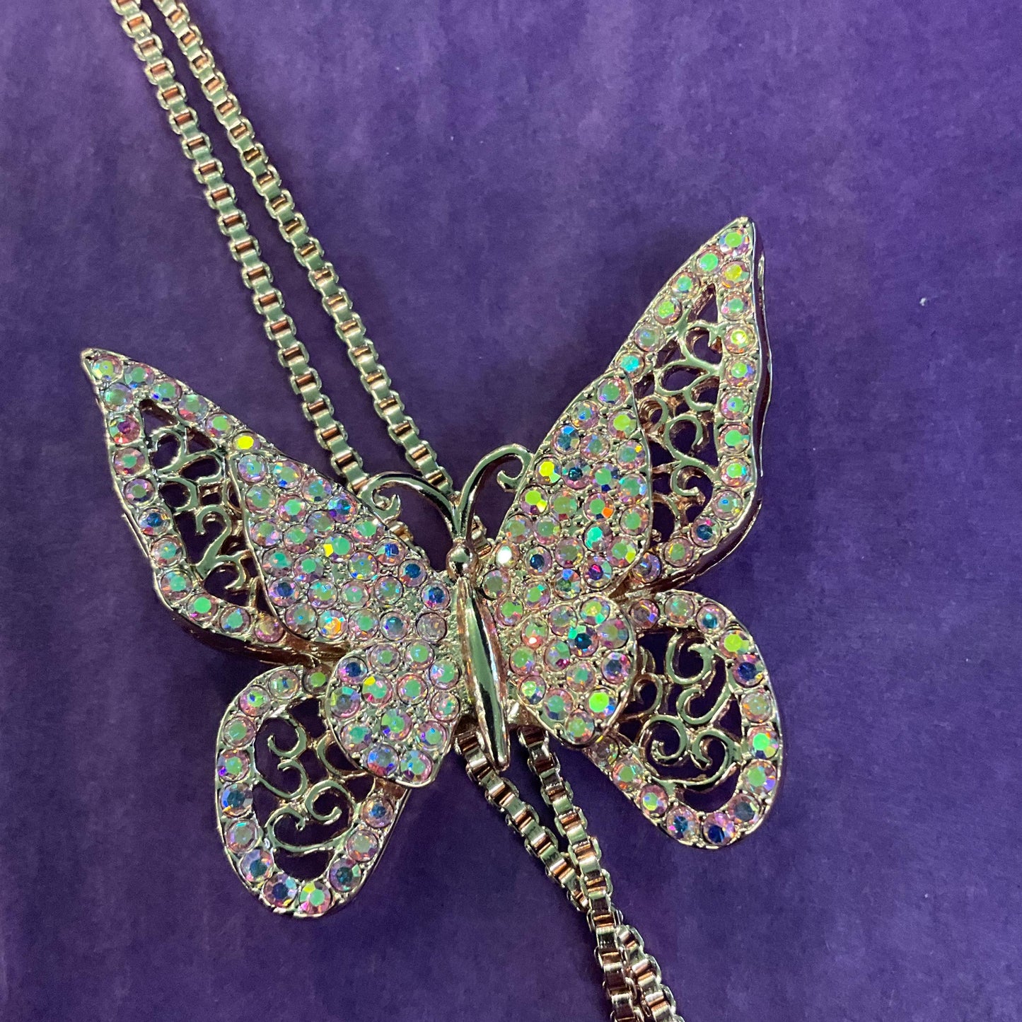 Vintage Butler and Wilson Crystal Butterfly Lariat Necklace, Rose Gold tone with Pink Borealis Rhinestones