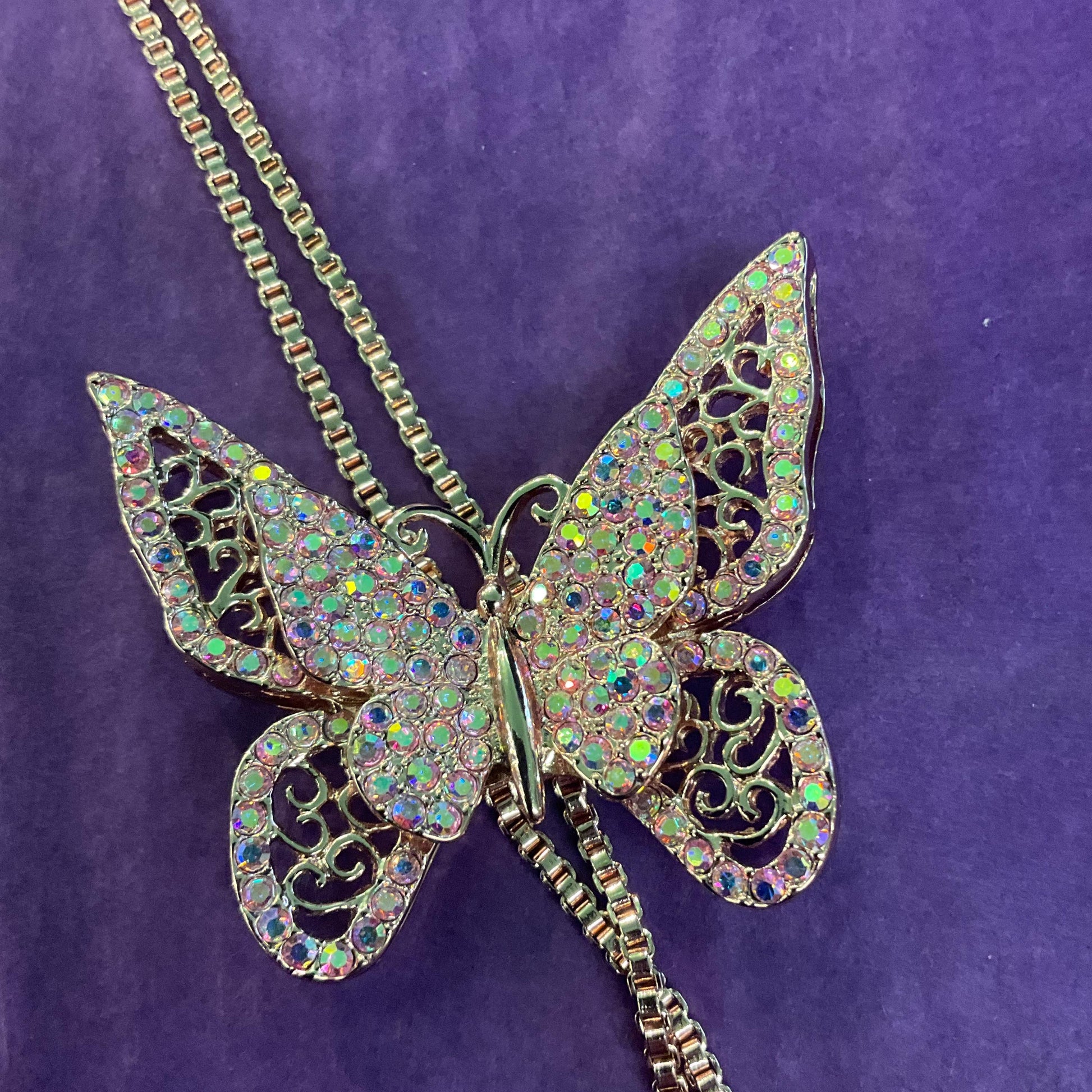 Vintage Butler and Wilson Crystal Butterfly Lariat Necklace, Rose Gold tone with Pink Borealis Rhinestones