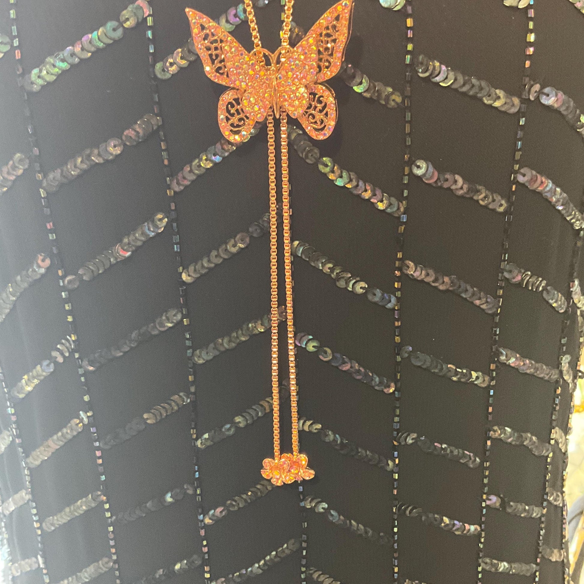 Vintage Butler and Wilson Crystal Butterfly Lariat Necklace, Rose Gold tone with Pink Borealis Rhinestones