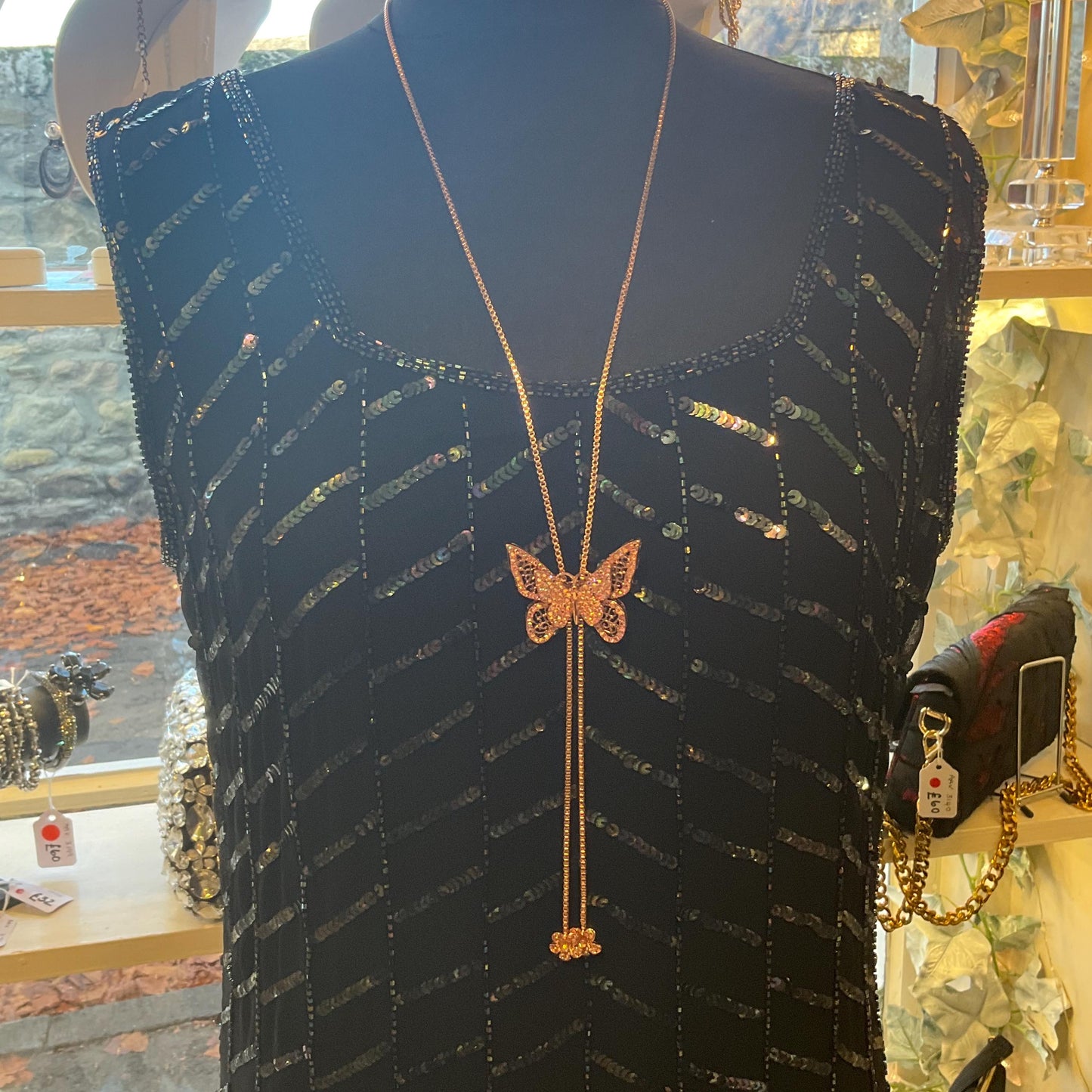 Vintage Butler and Wilson Crystal Butterfly Lariat Necklace, Rose Gold tone with Pink Borealis Rhinestones