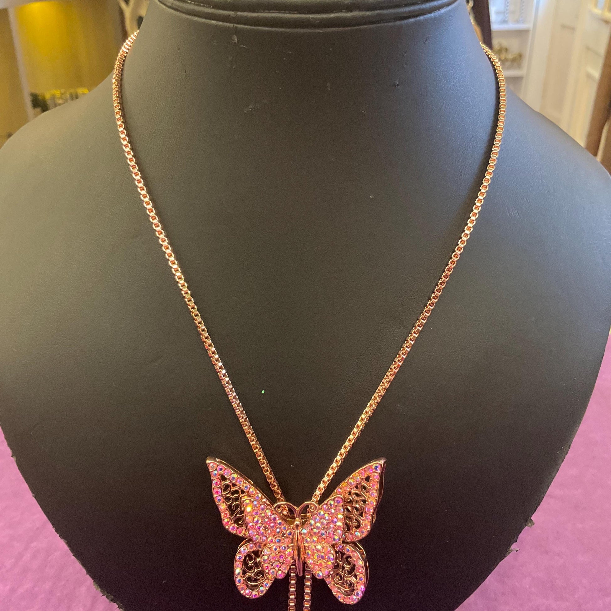 Vintage Butler and Wilson Crystal Butterfly Lariat Necklace, Rose Gold tone with Pink Borealis Rhinestones