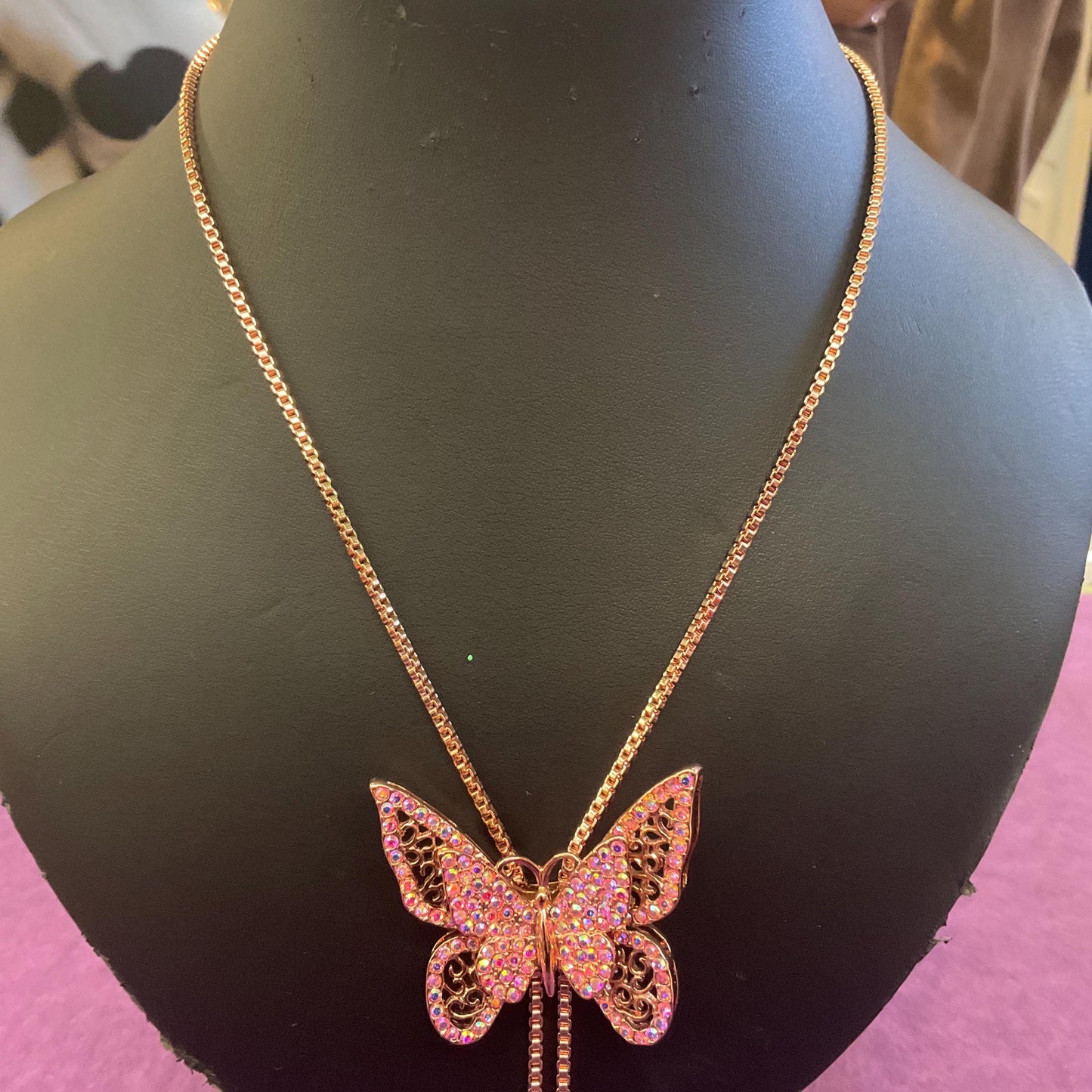 Vintage Butler and Wilson Crystal Butterfly Lariat Necklace, Rose Gold tone with Pink Borealis Rhinestones