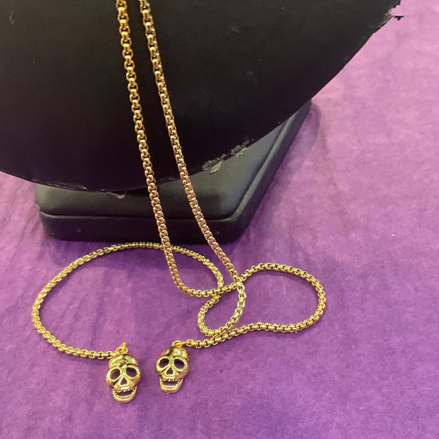 Vintage Butler and Wilson Gold Skull Crystal Lariat Necklace, Gold tone with red Bowie Rhinestone Lightening Flash