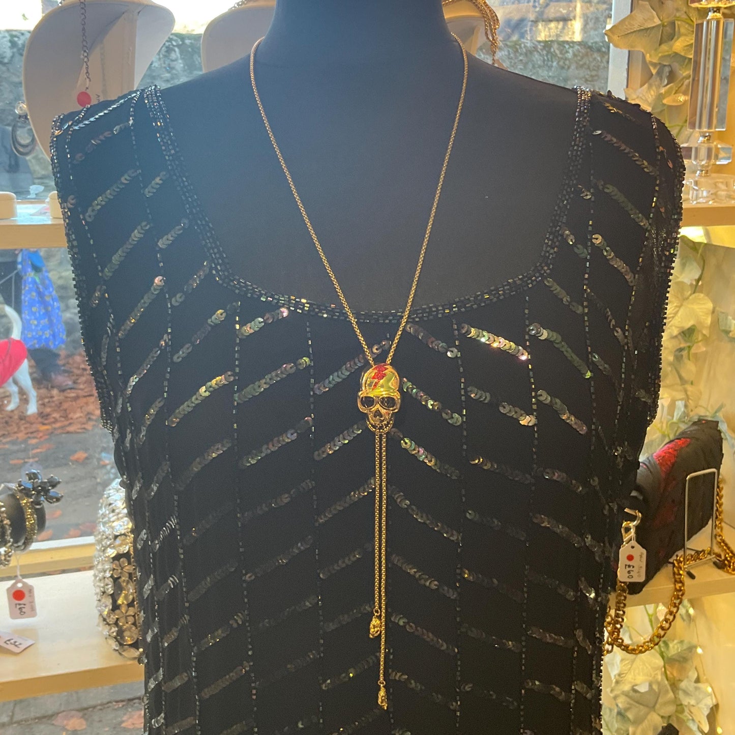 Vintage Butler and Wilson Gold Skull Crystal Lariat Necklace, Gold tone with red Bowie Rhinestone Lightening Flash