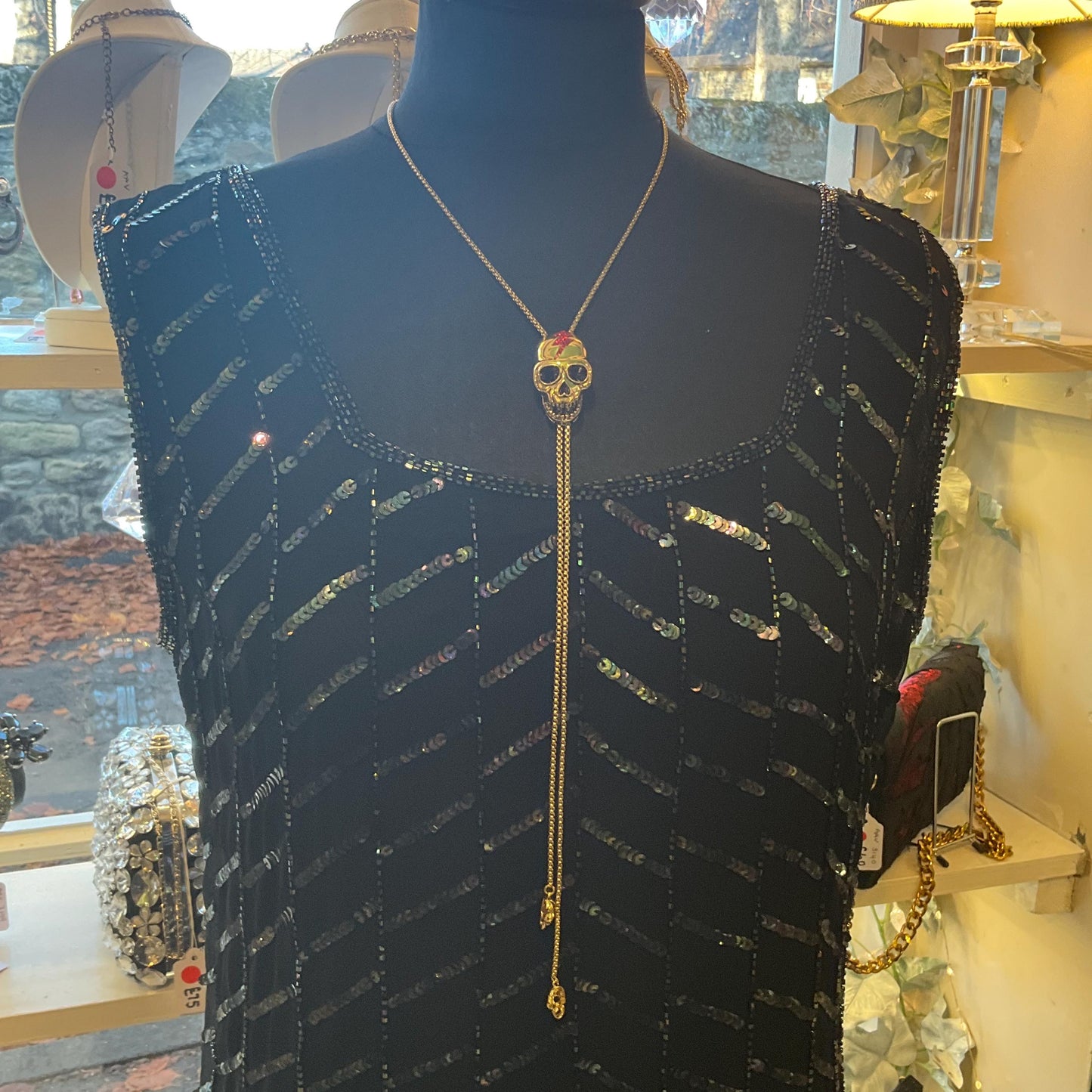 Vintage Butler and Wilson Gold Skull Crystal Lariat Necklace, Gold tone with red Bowie Rhinestone Lightening Flash