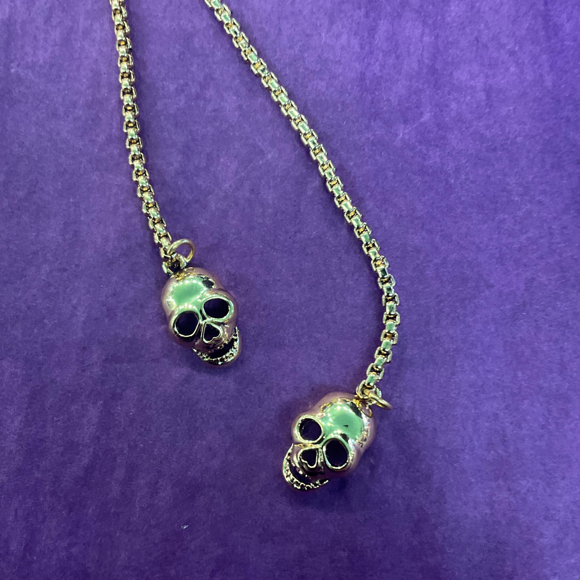 Vintage Butler and Wilson Gold Skull Crystal Lariat Necklace, Gold tone with red Bowie Rhinestone Lightening Flash