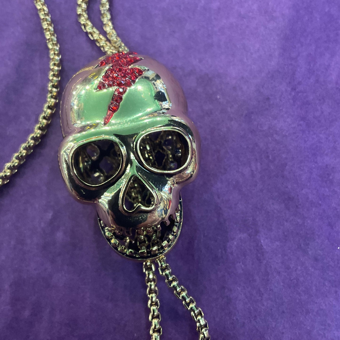 Vintage Butler and Wilson Gold Skull Crystal Lariat Necklace, Gold tone with red Bowie Rhinestone Lightening Flash