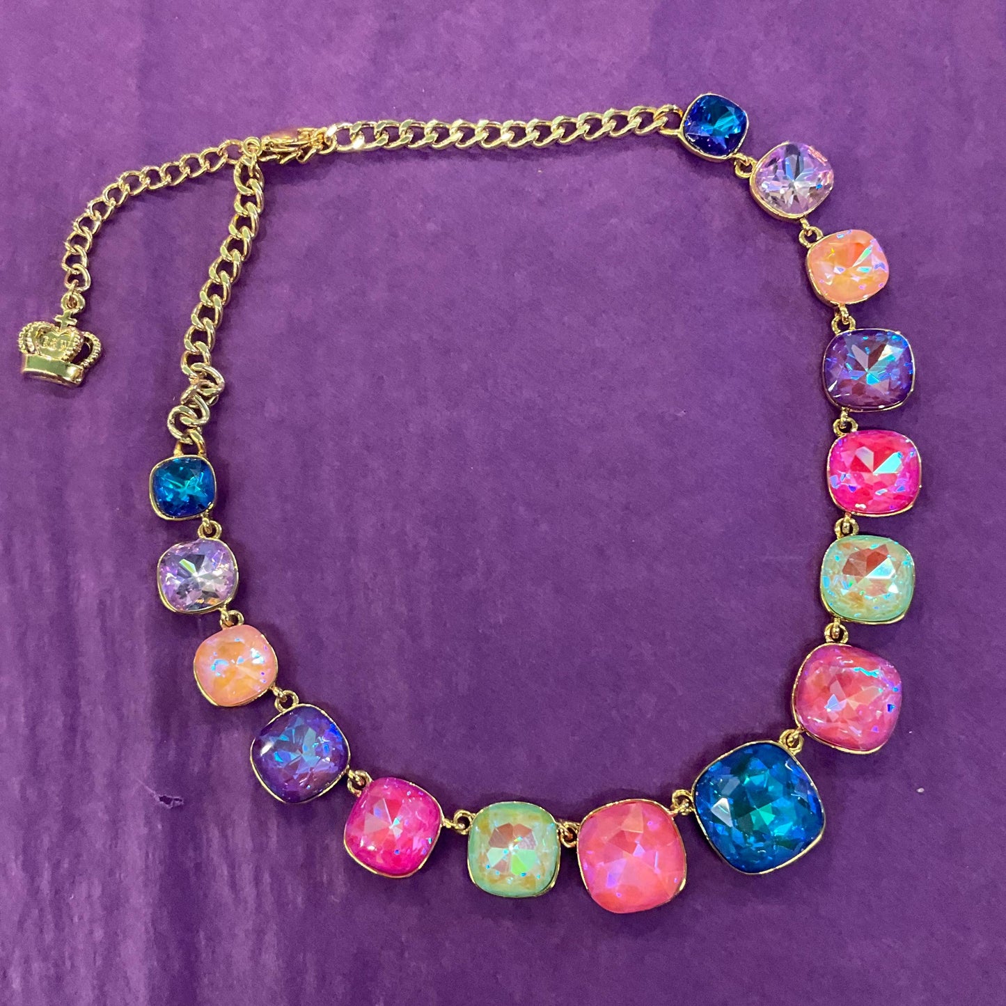 Vintage Butler and Wilson Pastel Rainbow Crystal Statement Necklace, gold tone with large Borealis crystals