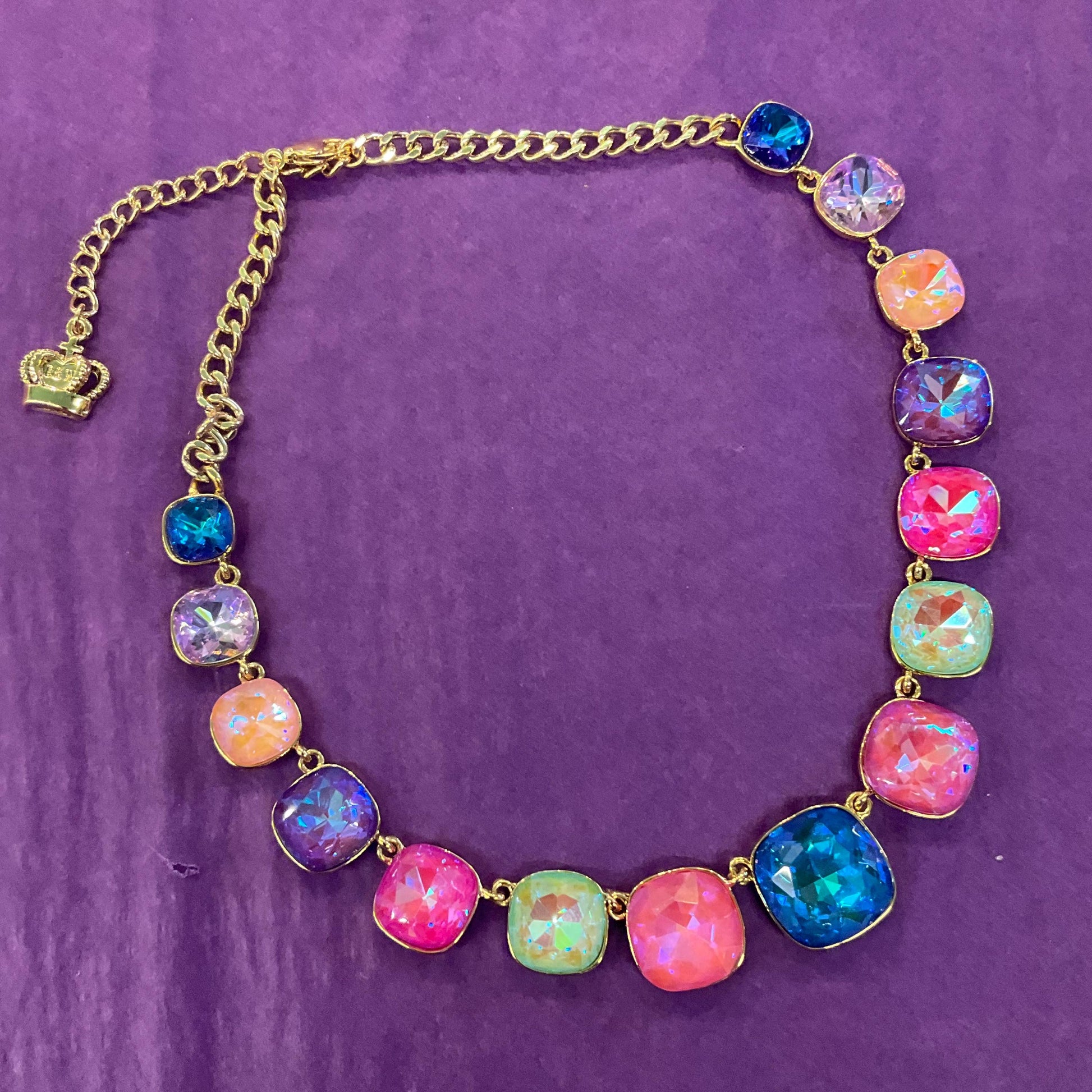 Vintage Butler and Wilson Pastel Rainbow Crystal Statement Necklace, gold tone with large Borealis crystals