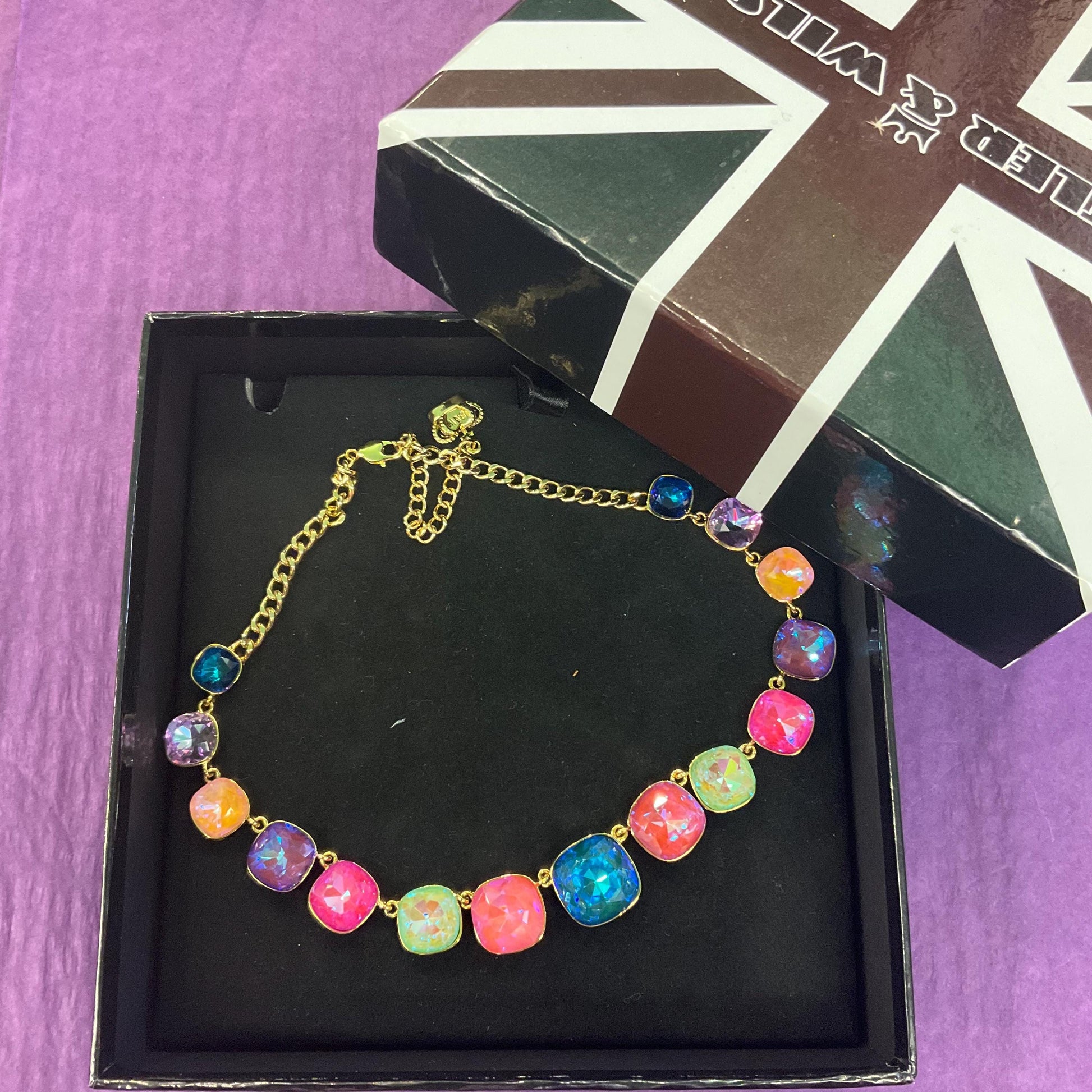 Vintage Butler and Wilson Pastel Rainbow Crystal Statement Necklace, gold tone with large Borealis crystals