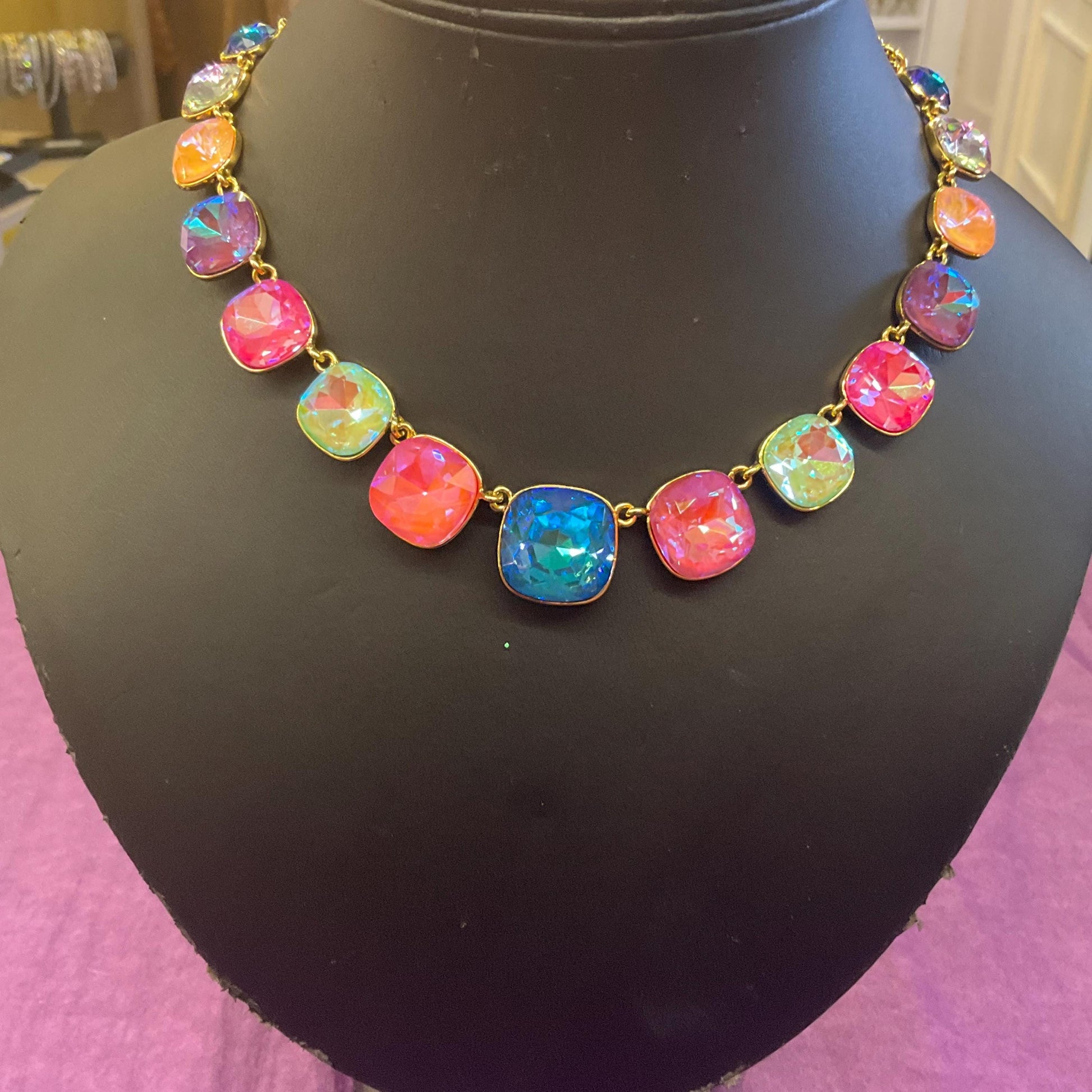 Vintage Butler and Wilson Pastel Rainbow Crystal Statement Necklace, gold tone with large Borealis crystals