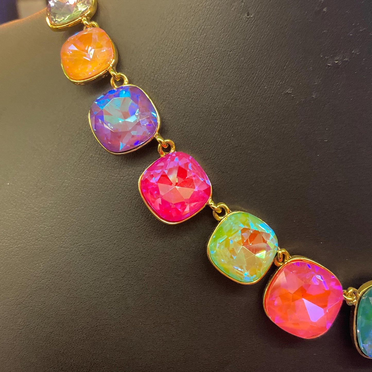 Vintage Butler and Wilson Pastel Rainbow Crystal Statement Necklace, gold tone with large Borealis crystals