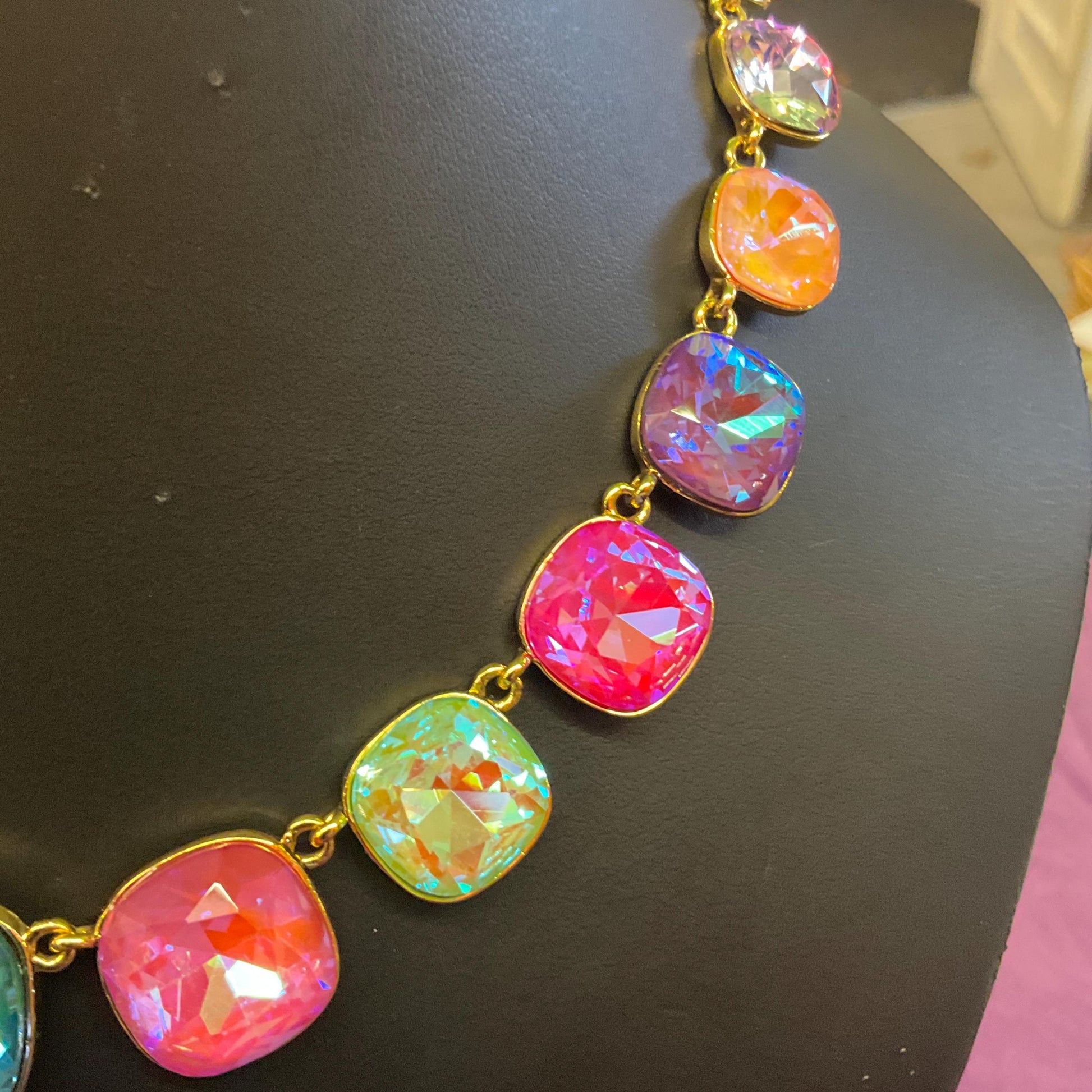 Vintage Butler and Wilson Pastel Rainbow Crystal Statement Necklace, gold tone with large Borealis crystals