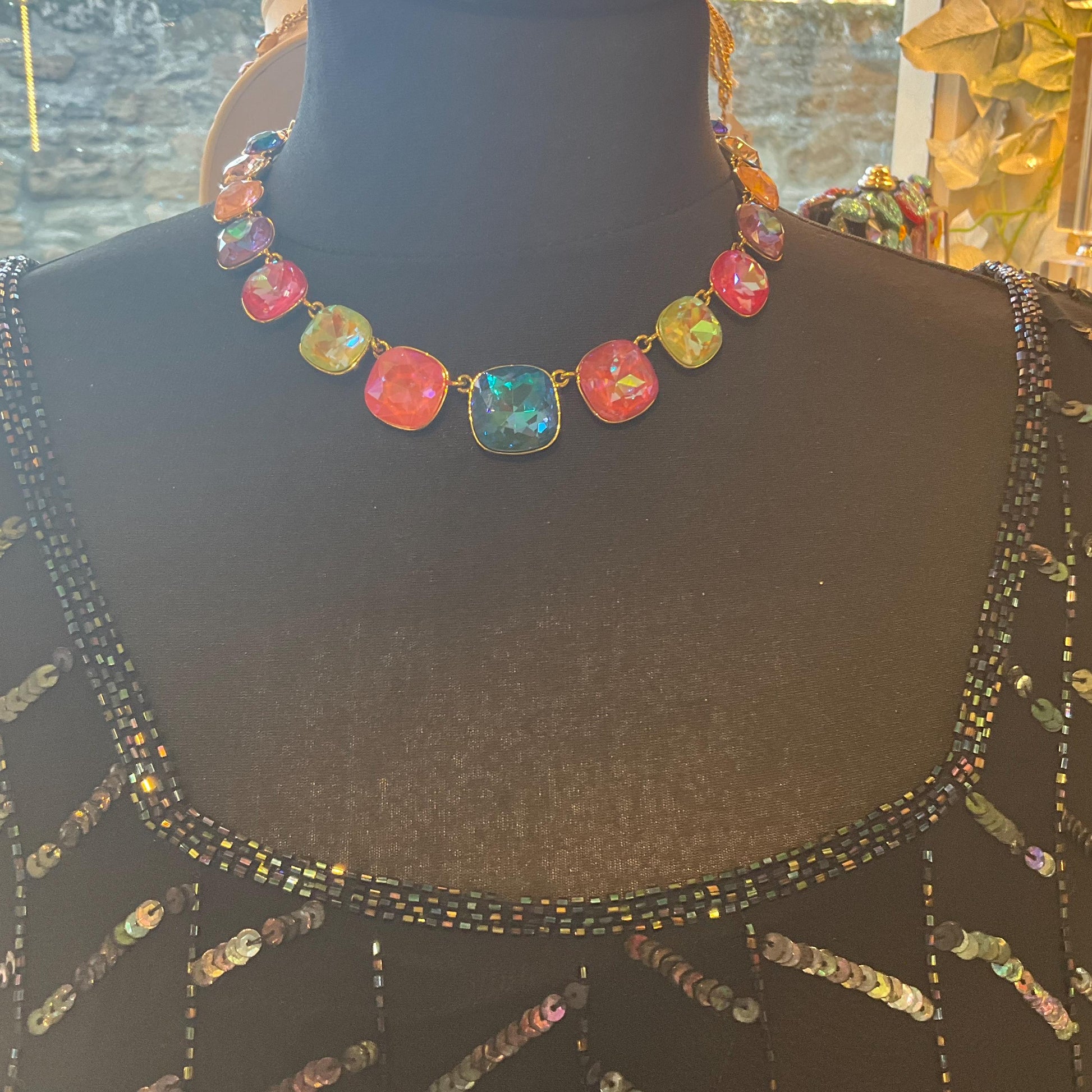 Vintage Butler and Wilson Pastel Rainbow Crystal Statement Necklace, gold tone with large Borealis crystals