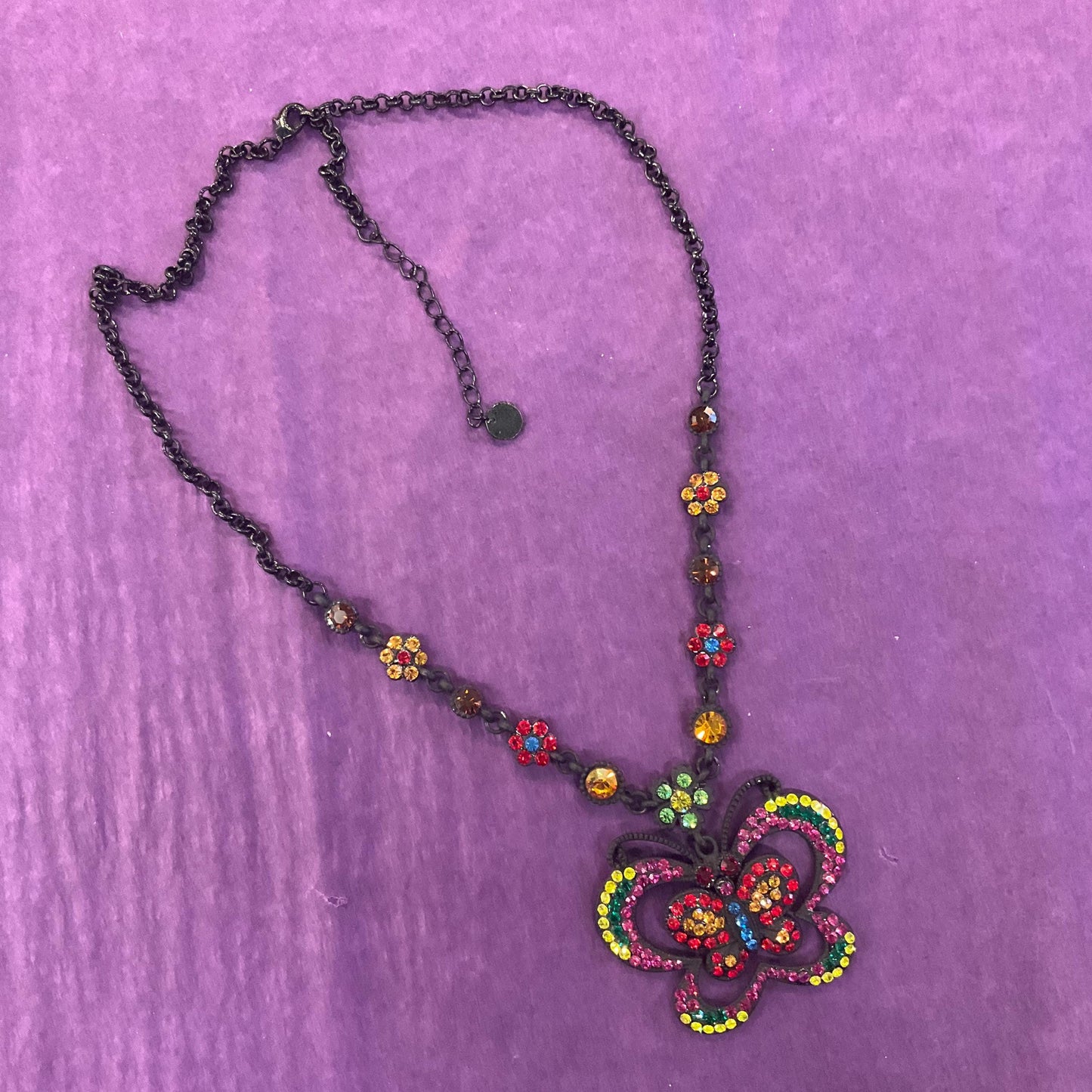 Vintage Butler and Wilson Bohemian Crystal Butterfly Pendant Necklace, Black tone with vibrant multicoloured rhinestones