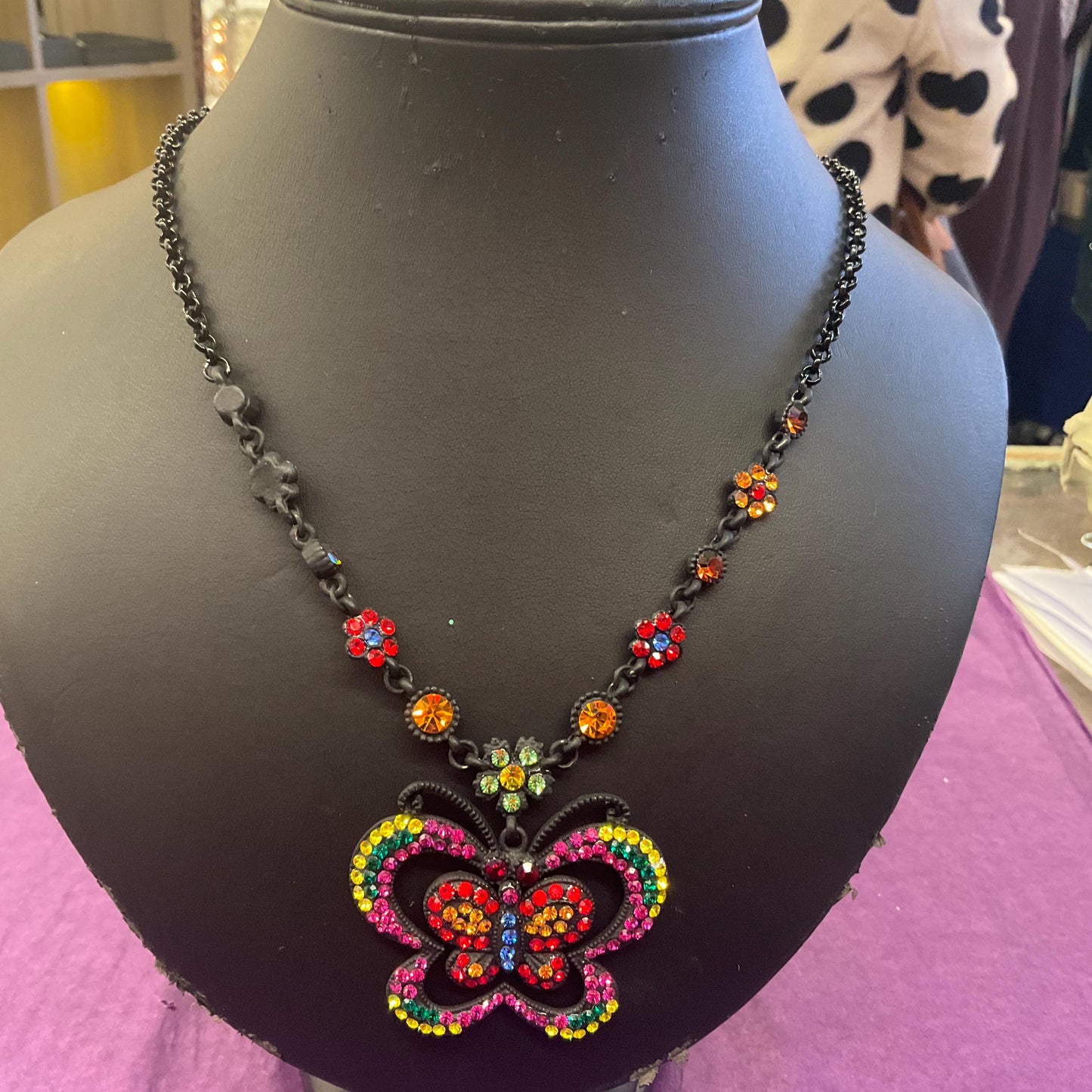 Vintage Butler and Wilson Bohemian Crystal Butterfly Pendant Necklace, Black tone with vibrant multicoloured rhinestones