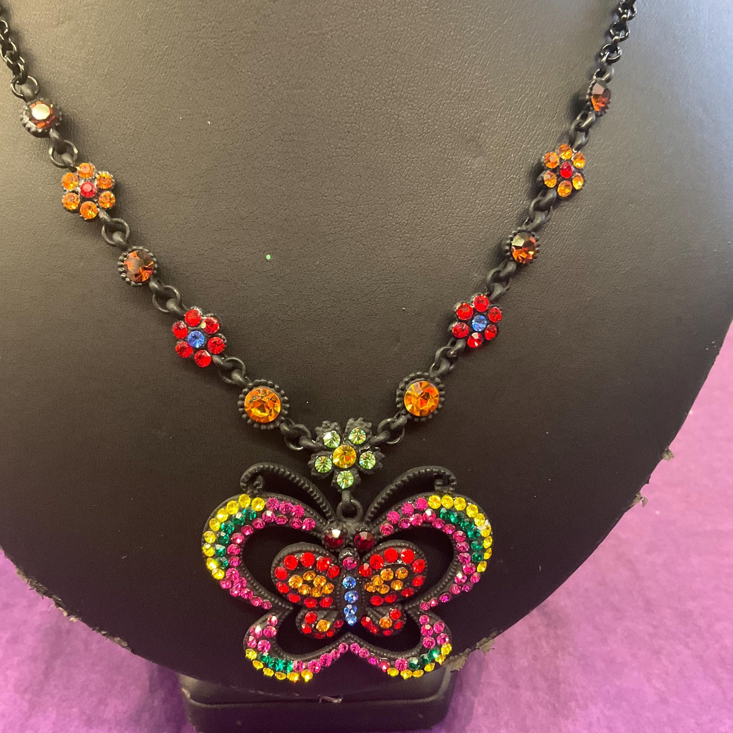 Vintage Butler and Wilson Bohemian Crystal Butterfly Pendant Necklace, Black tone with vibrant multicoloured rhinestones