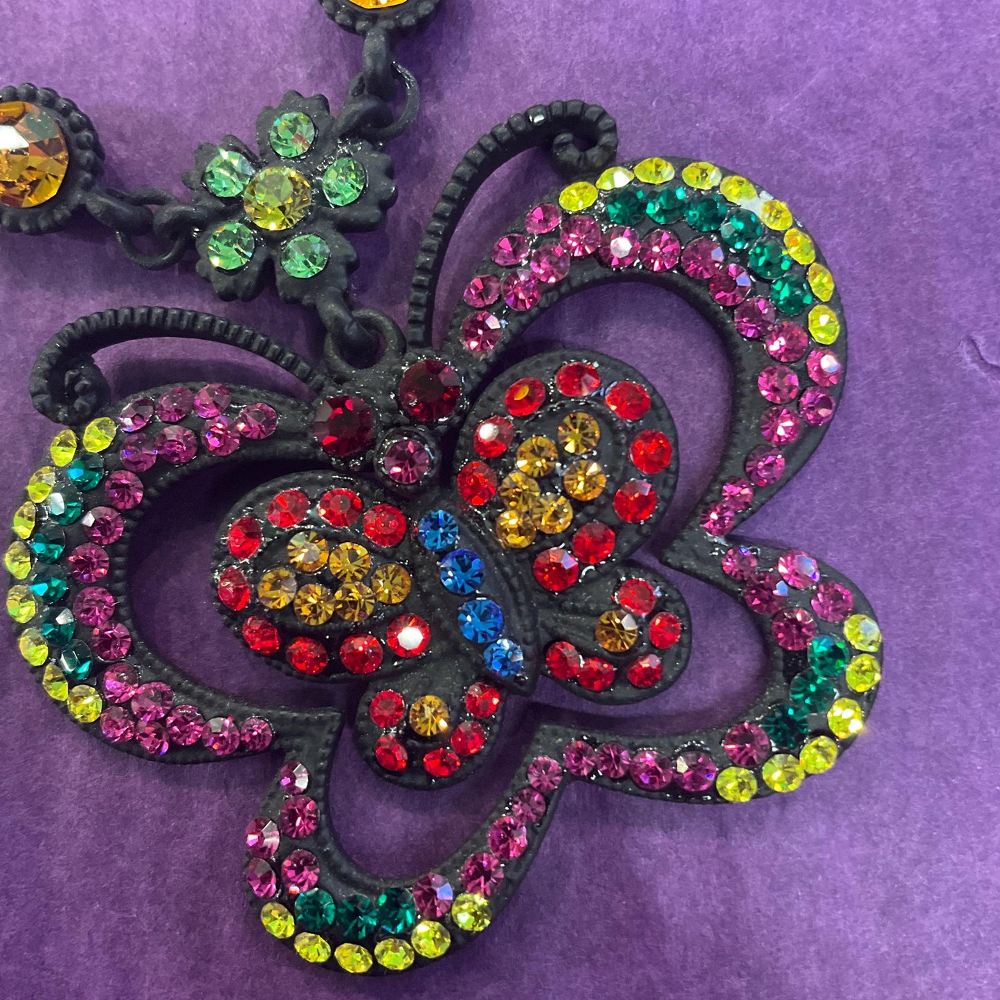 Vintage Butler and Wilson Bohemian Crystal Butterfly Pendant Necklace, Black tone with vibrant multicoloured rhinestones