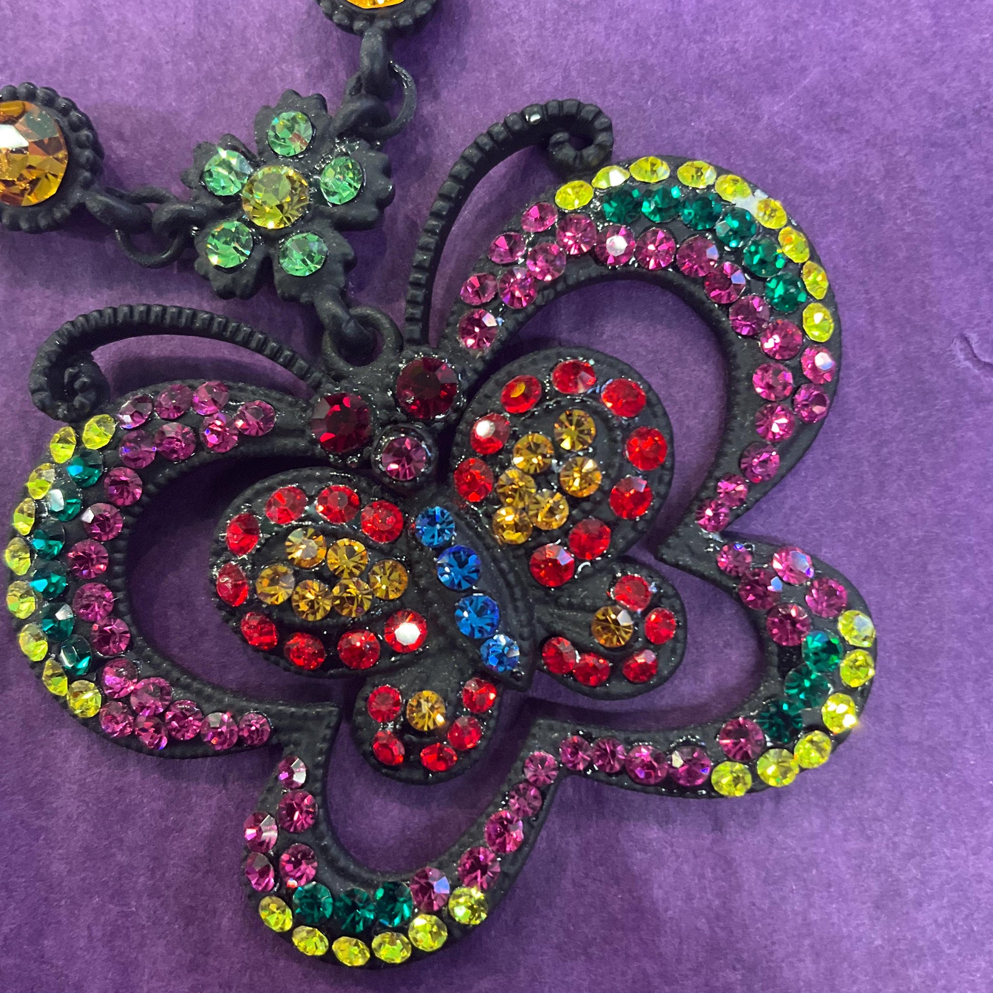 Vintage Butler and Wilson Bohemian Crystal Butterfly Pendant Necklace, Black tone with vibrant multicoloured rhinestones