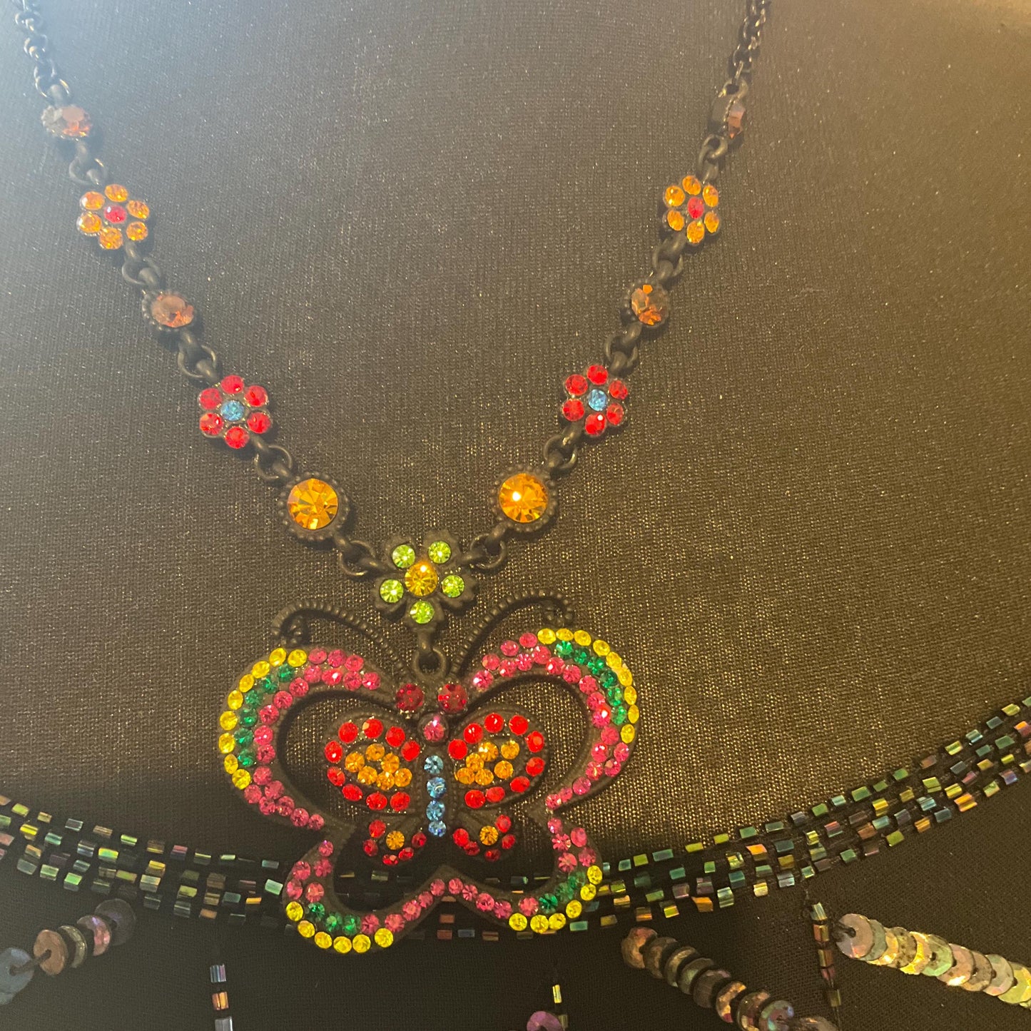 Vintage Butler and Wilson Bohemian Crystal Butterfly Pendant Necklace, Black tone with vibrant multicoloured rhinestones
