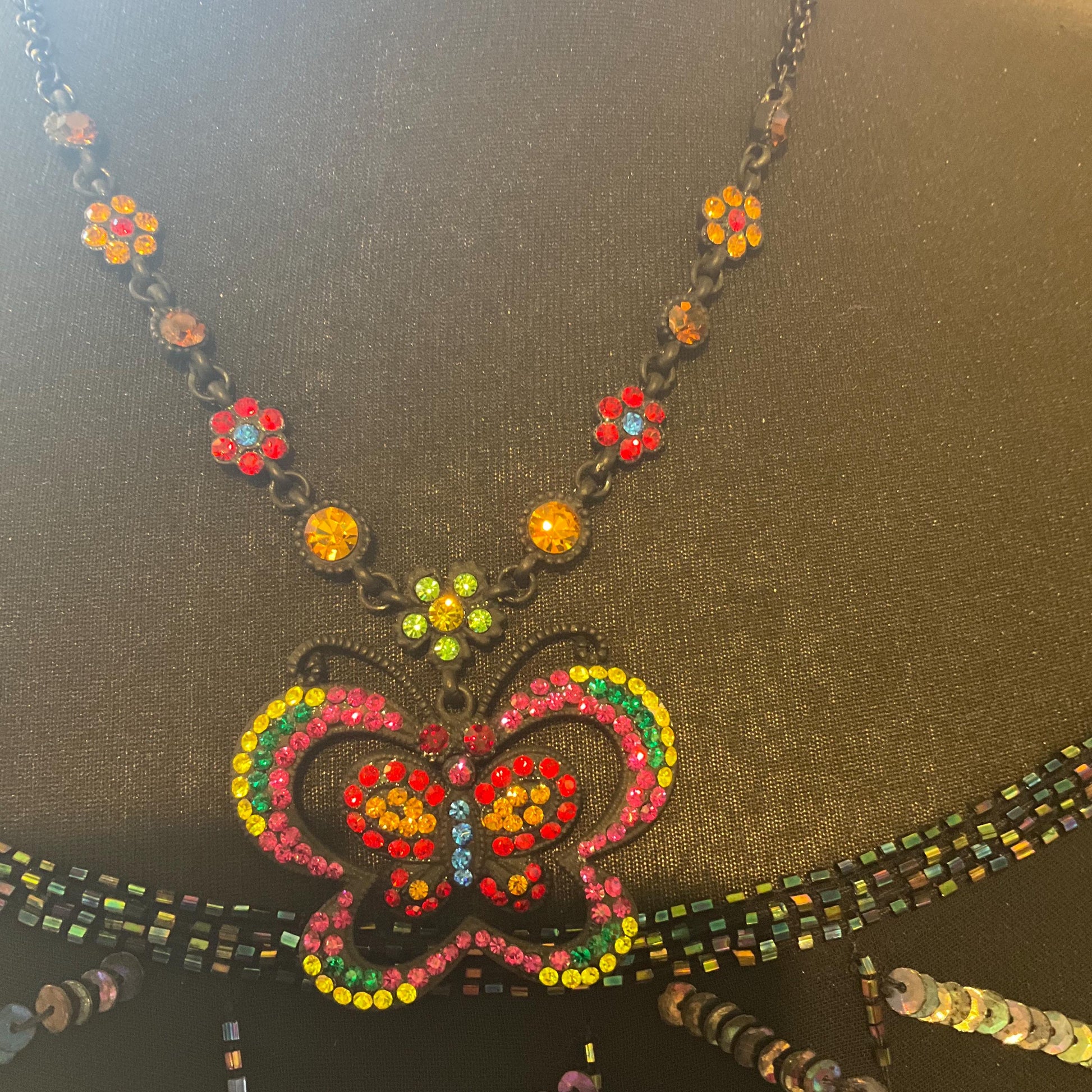 Vintage Butler and Wilson Bohemian Crystal Butterfly Pendant Necklace, Black tone with vibrant multicoloured rhinestones