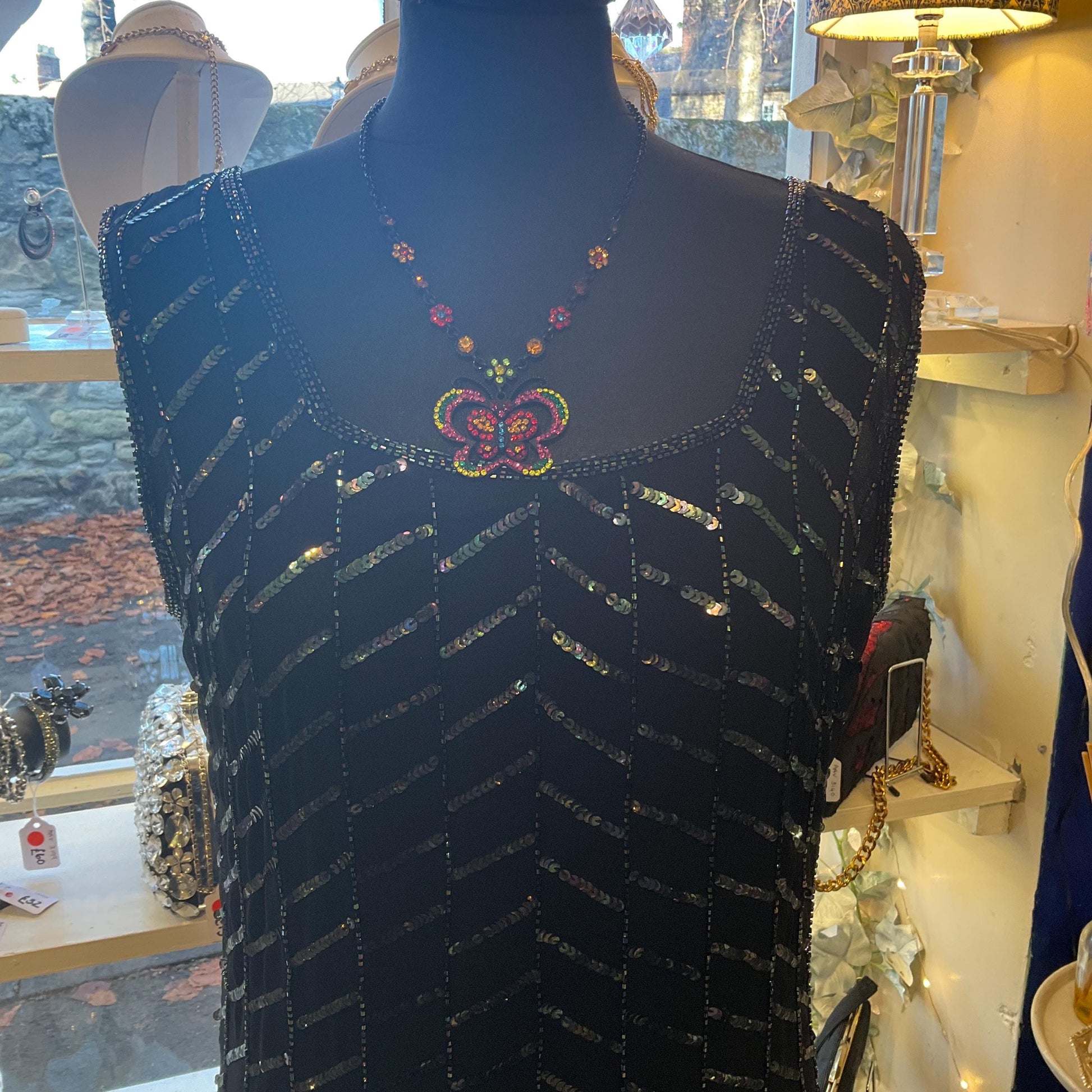 Vintage Butler and Wilson Bohemian Crystal Butterfly Pendant Necklace, Black tone with vibrant multicoloured rhinestones