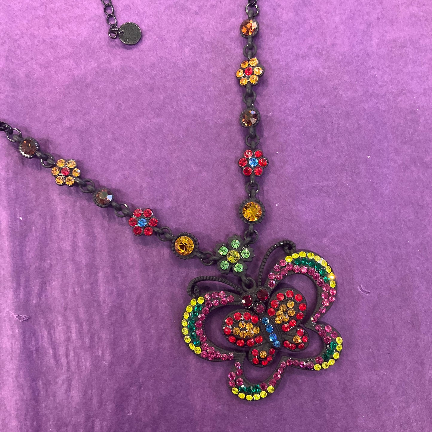 Vintage Butler and Wilson Bohemian Crystal Butterfly Pendant Necklace, Black tone with vibrant multicoloured rhinestones