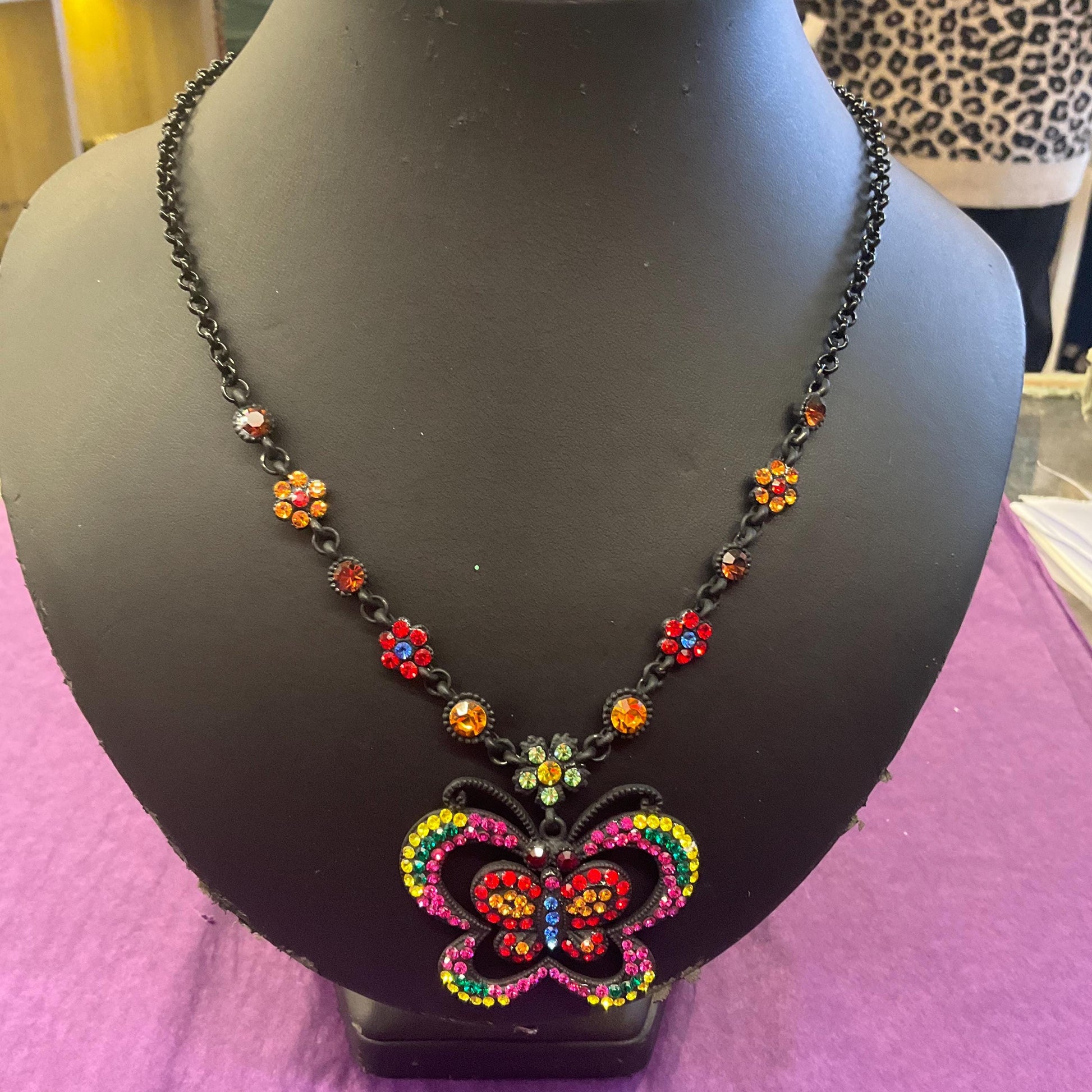 Vintage Butler and Wilson Bohemian Crystal Butterfly Pendant Necklace, Black tone with vibrant multicoloured rhinestones