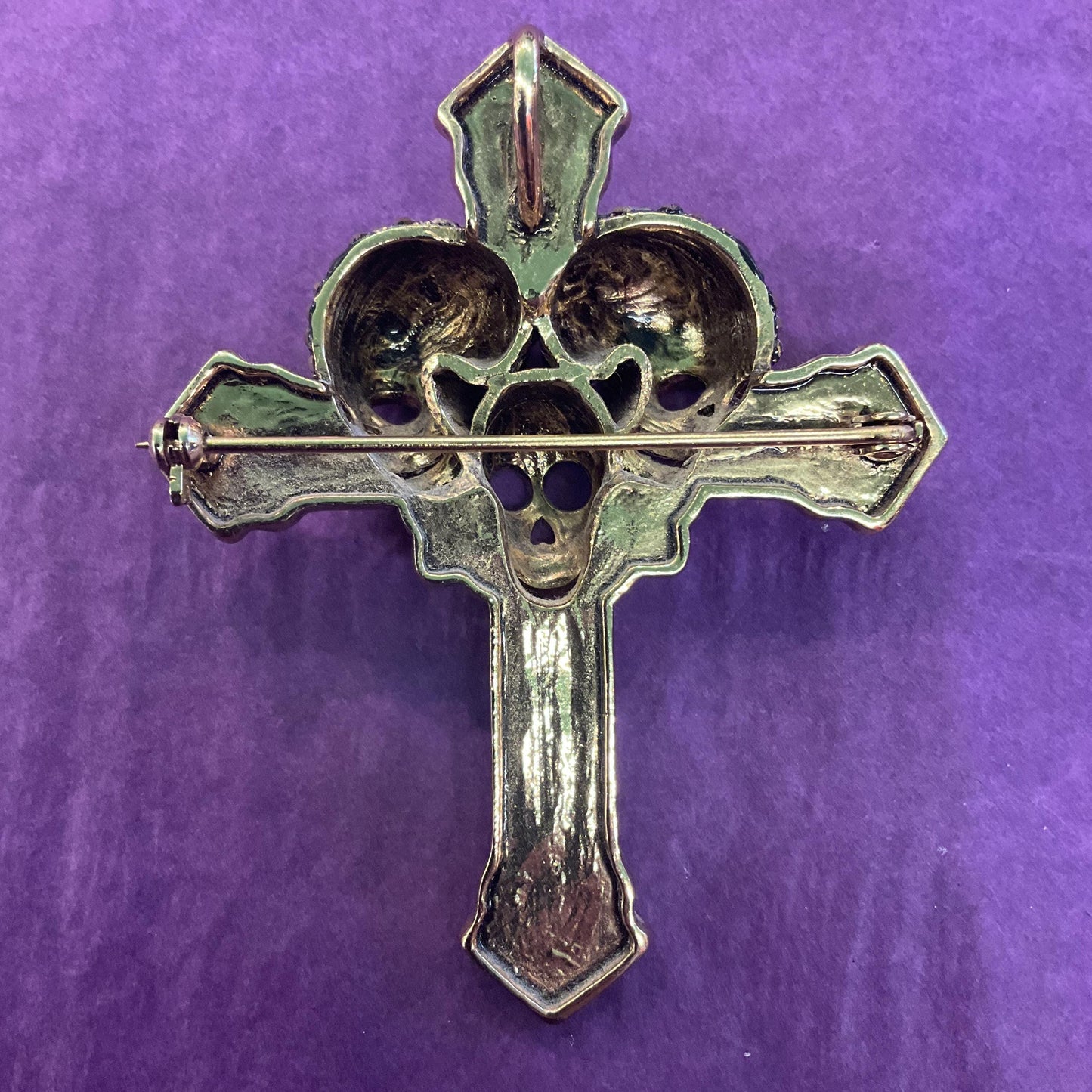 Vintage Butler and Wilson Large Crystal Skull Cross Brooch, old gold tone with gold and bronze rhinestones